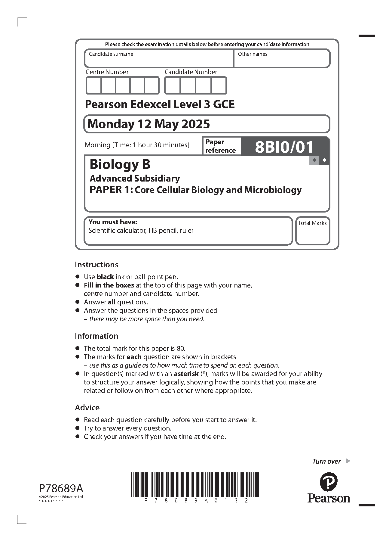 Pearson Edexcel AS Biology B Paper 1 2025 Question Paper