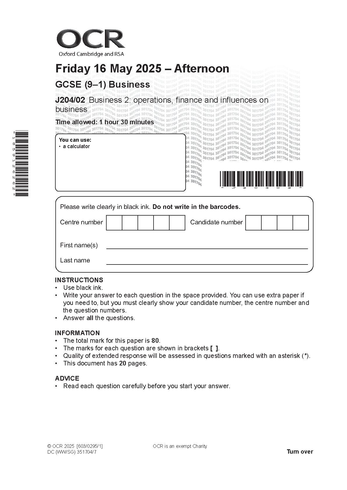 OCR GCSE Business Paper 2 2025 Question Paper