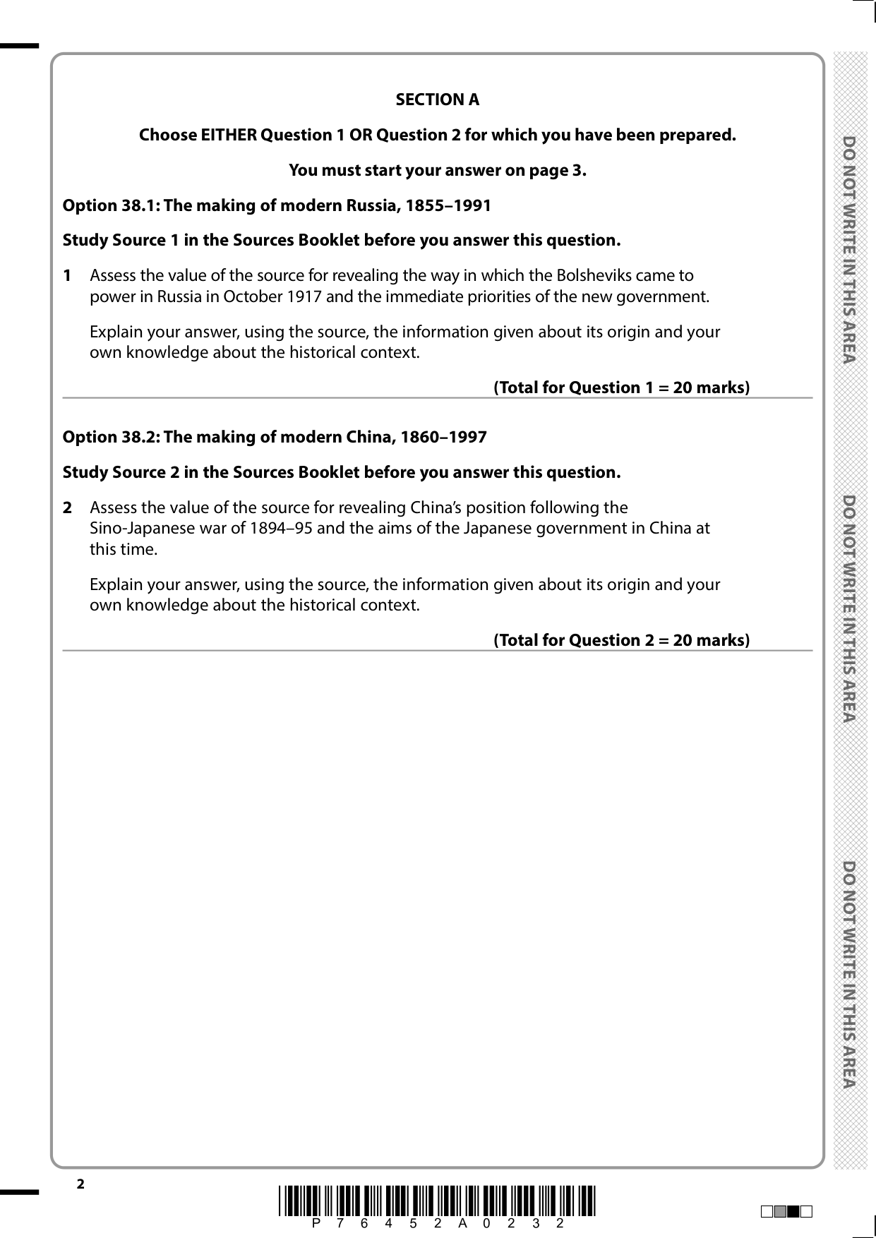 Pearson Edexcel A Level History Paper 38 2025 QP PDF