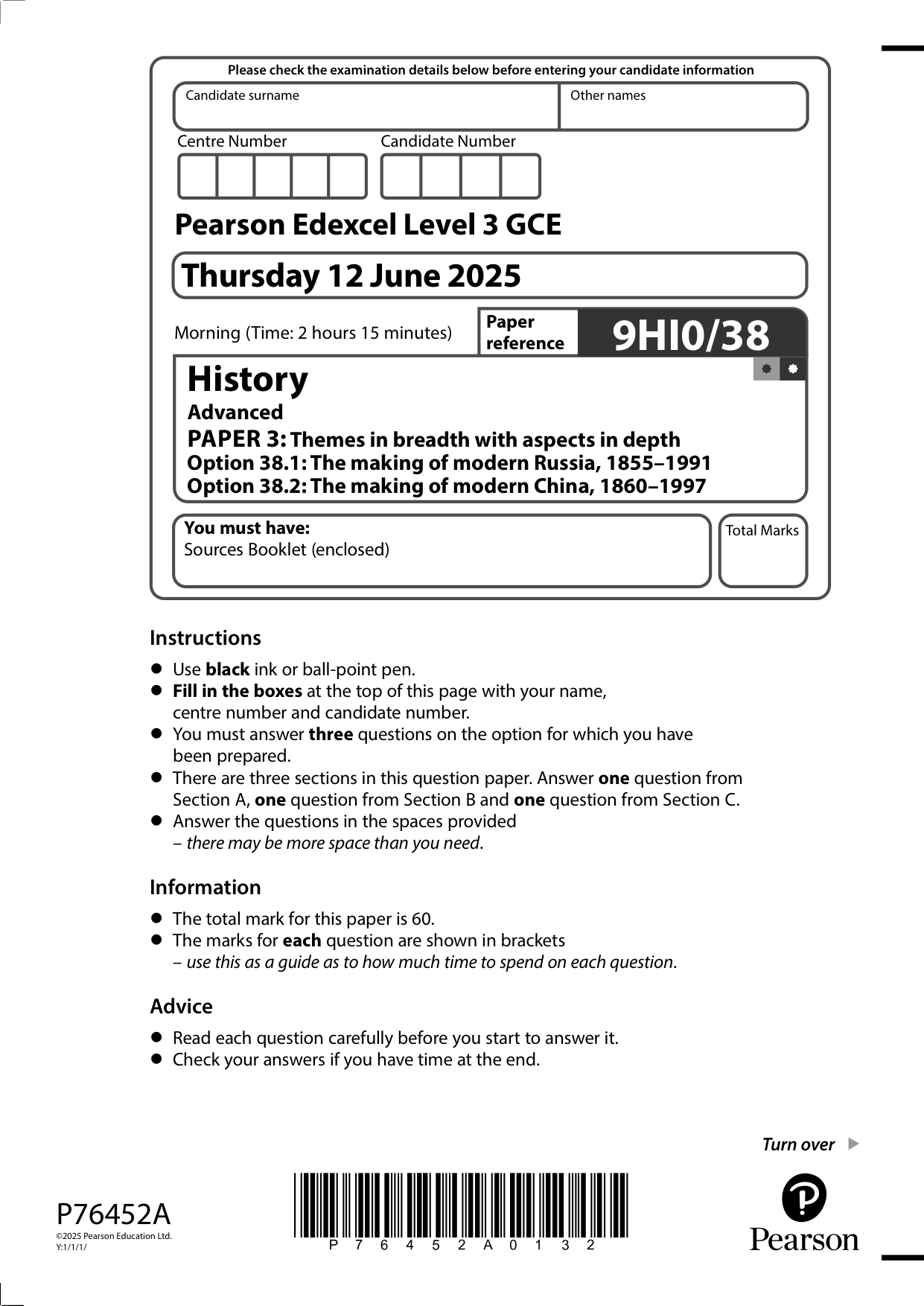 Pearson Edexcel A Level History Paper 38 2025 QP PDF