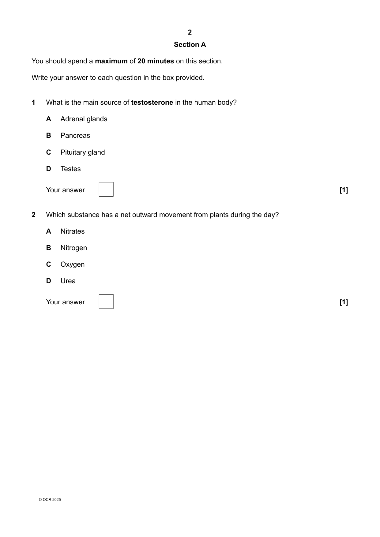 OCR GCSE Biology Combined Science A Paper 7 2025 QP