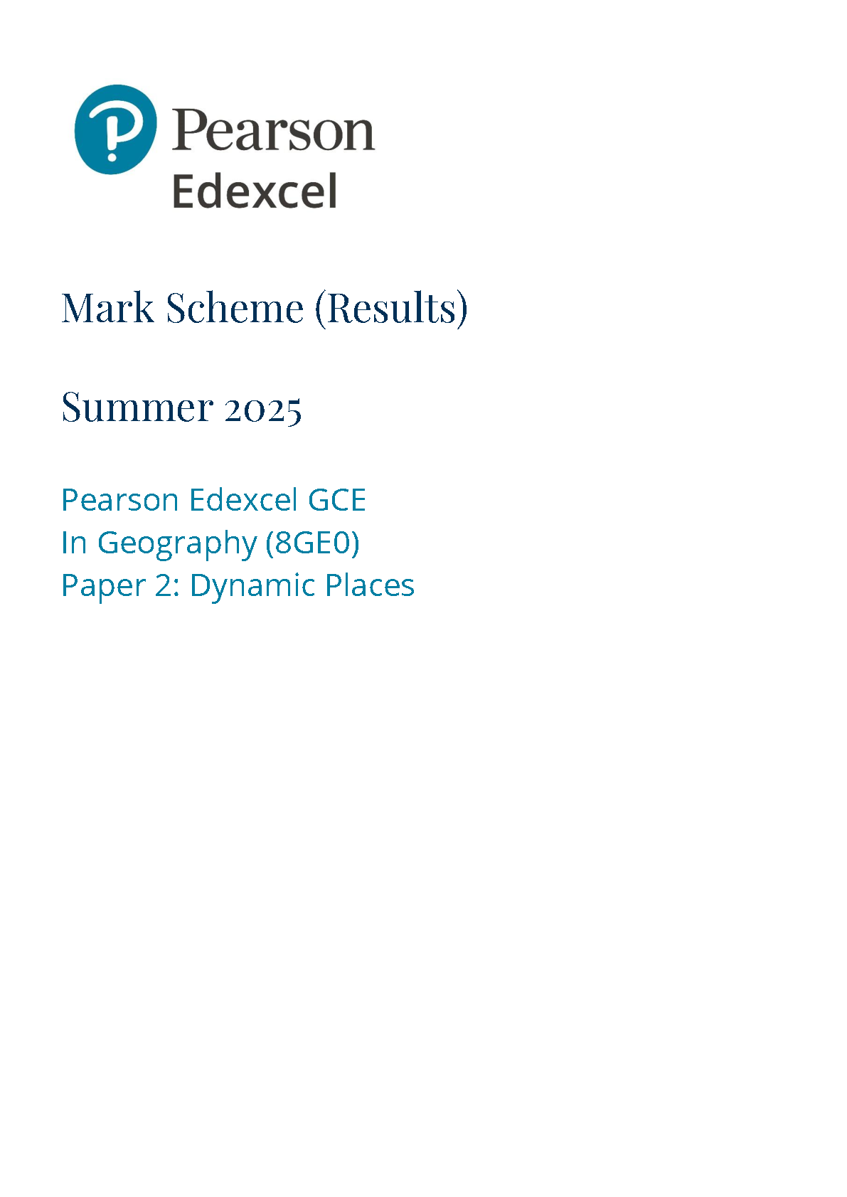 Pearson Edexcel AS Geography 2025 Paper 2 Mark Scheme PDF IMG-1
