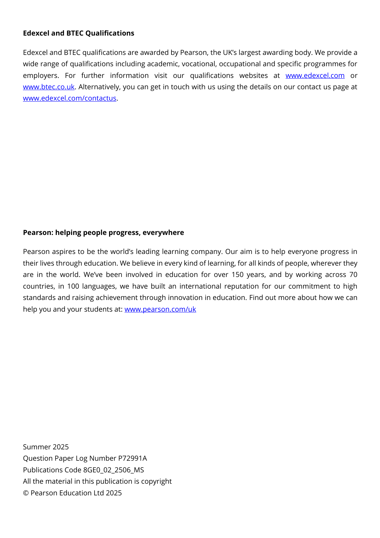 Pearson Edexcel AS Geography 2025 Paper 2 Mark Scheme PDF