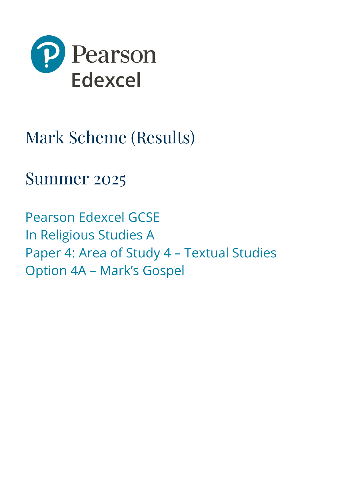 Pearson Edexcel GCSE Religious Studies Paper 4A 2025 MS