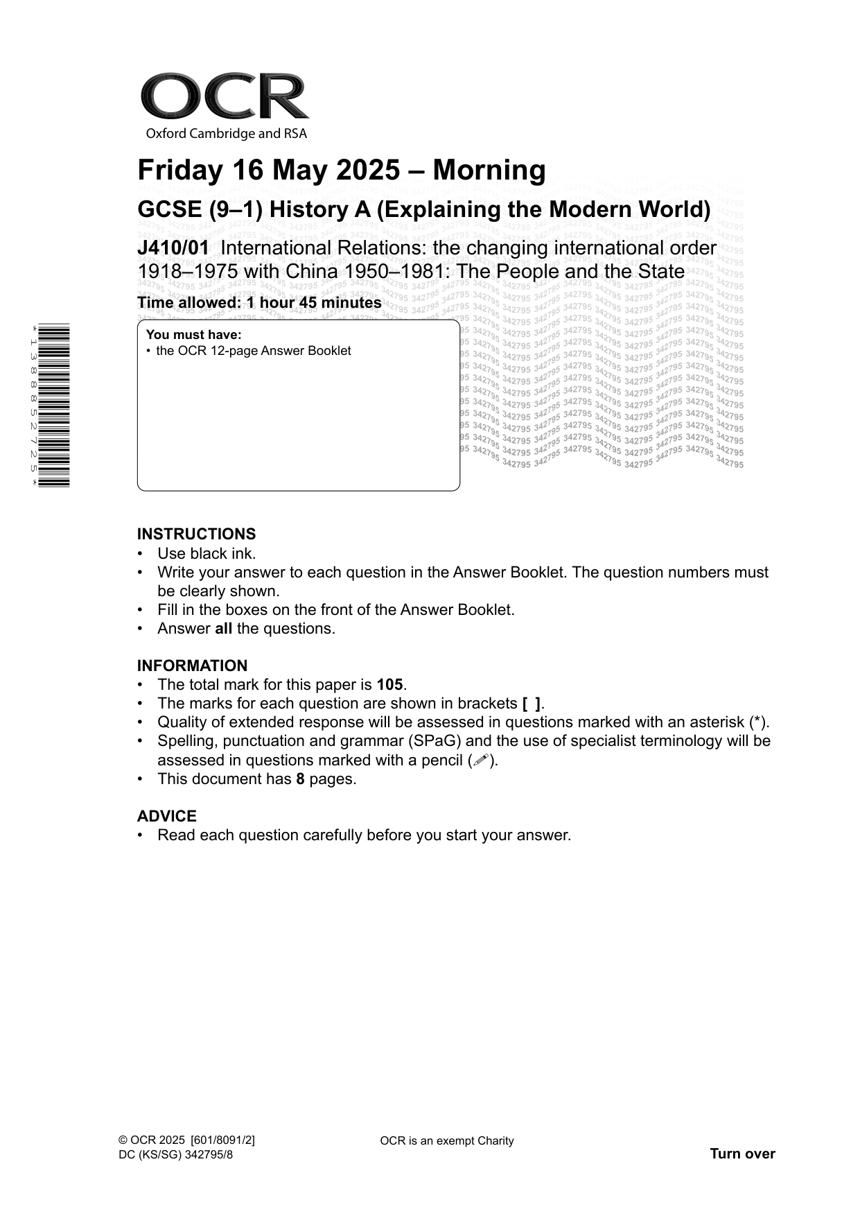 OCR GCSE History A Paper 1 2025 Question Paper
