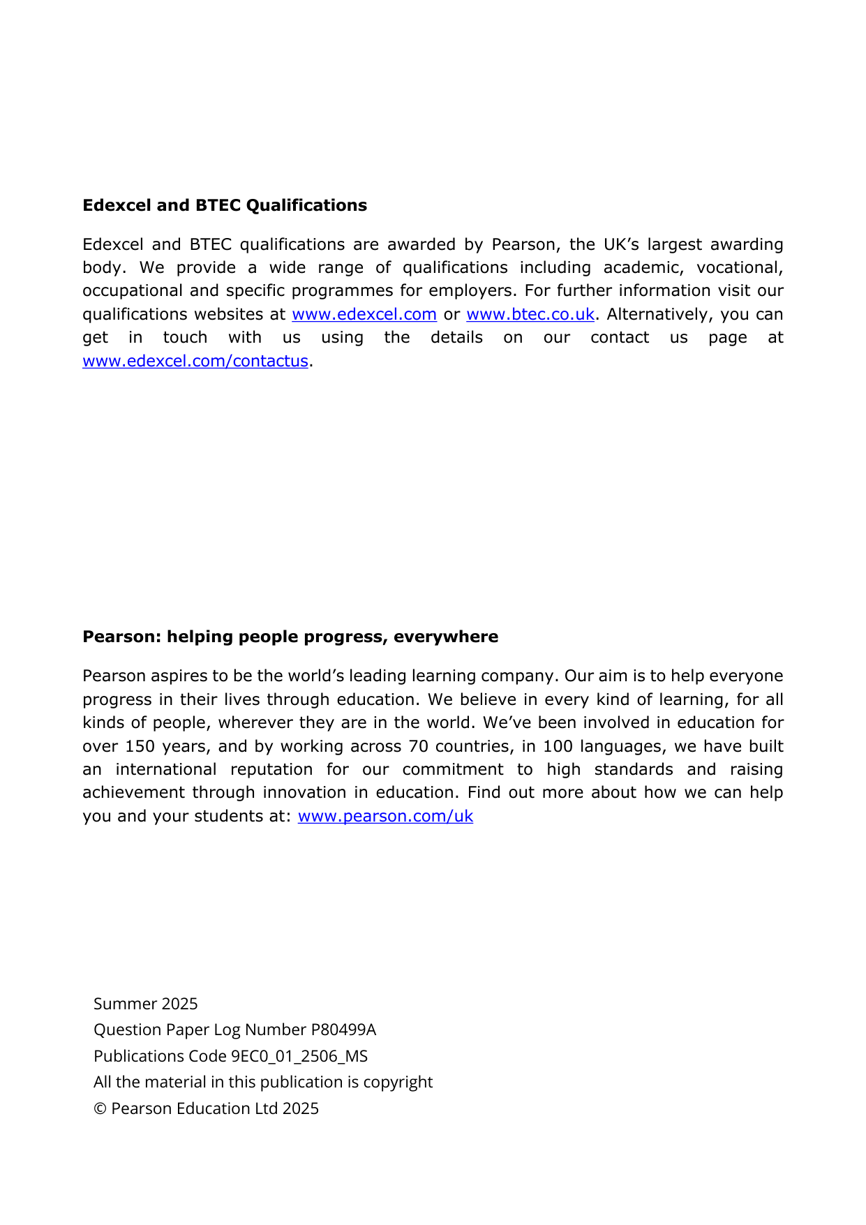 Pearson Edexcel A Level Economics A Paper 1 2025 Mark scheme