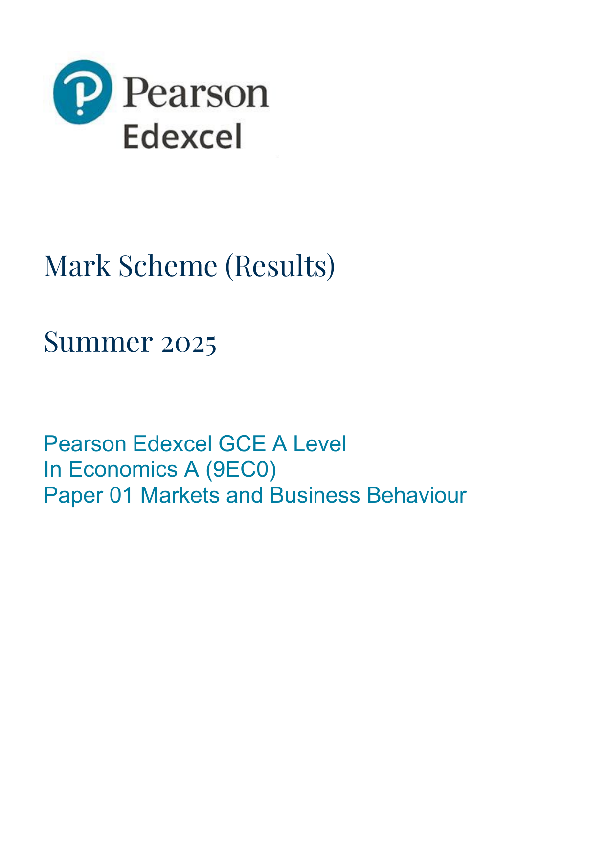 Pearson Edexcel A Level Economics A Paper 1 2025 Mark scheme