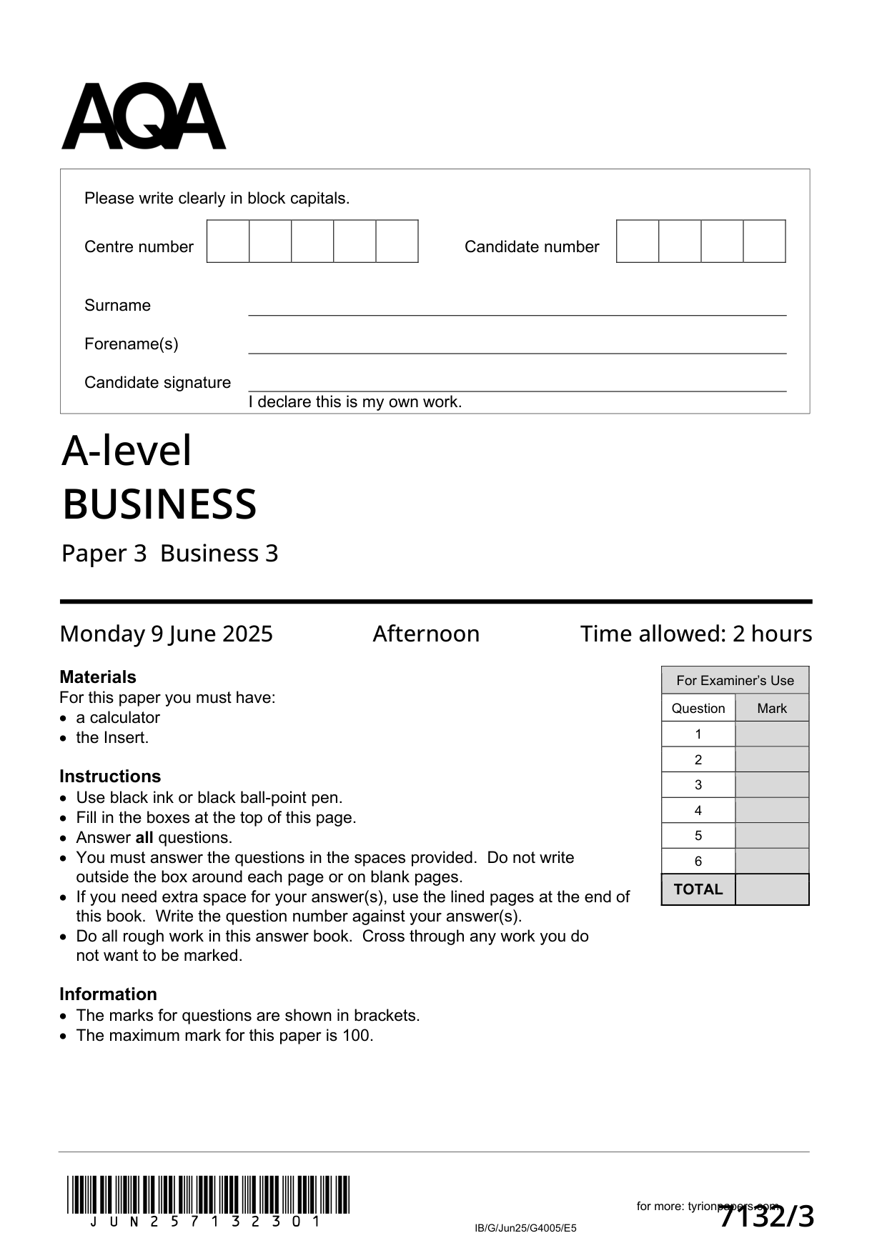 AQA A Level Business Paper 3 2025 Question Paper PDF