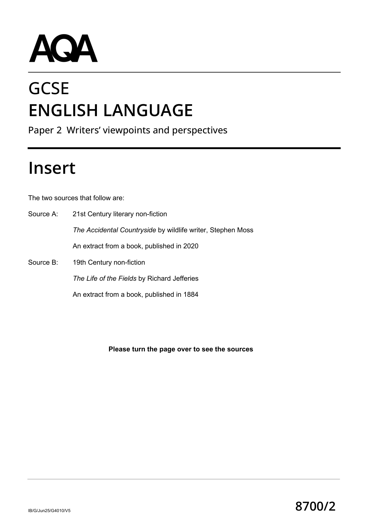 AQA GCSE English Language 2025 Insert PDF