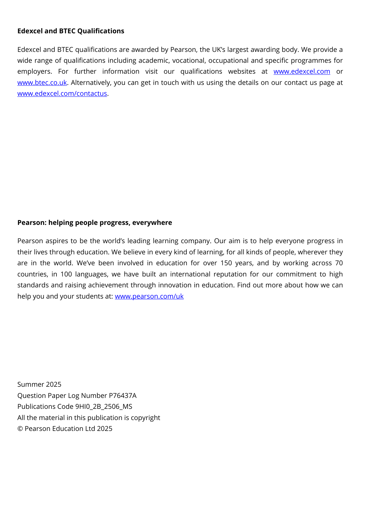 Pearson Edexcel A Level History Paper 2B 2025 Mark Scheme