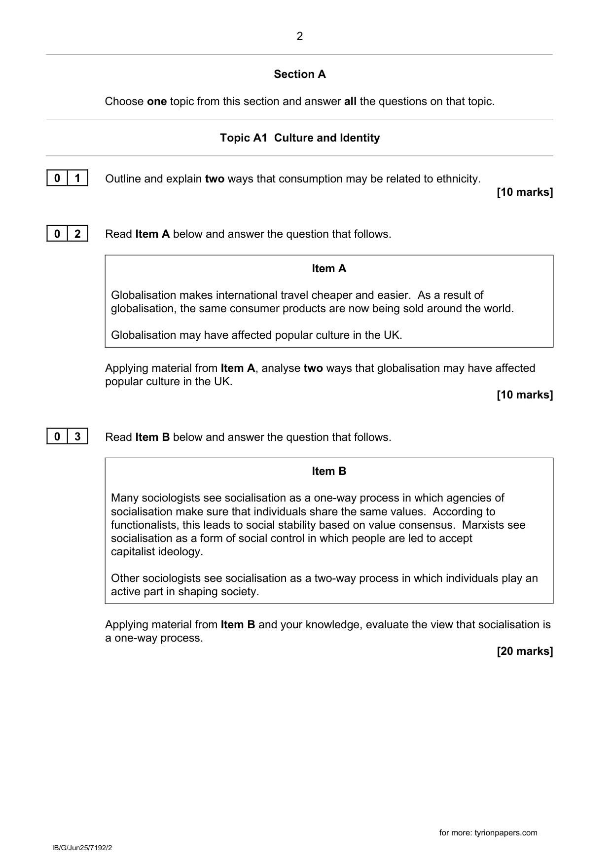 AQA A Level Sociology Paper 2 2025 Question Paper