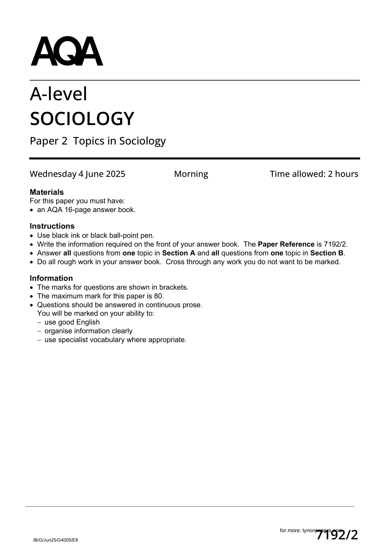 AQA A Level Sociology Paper 2 2025 Question Paper