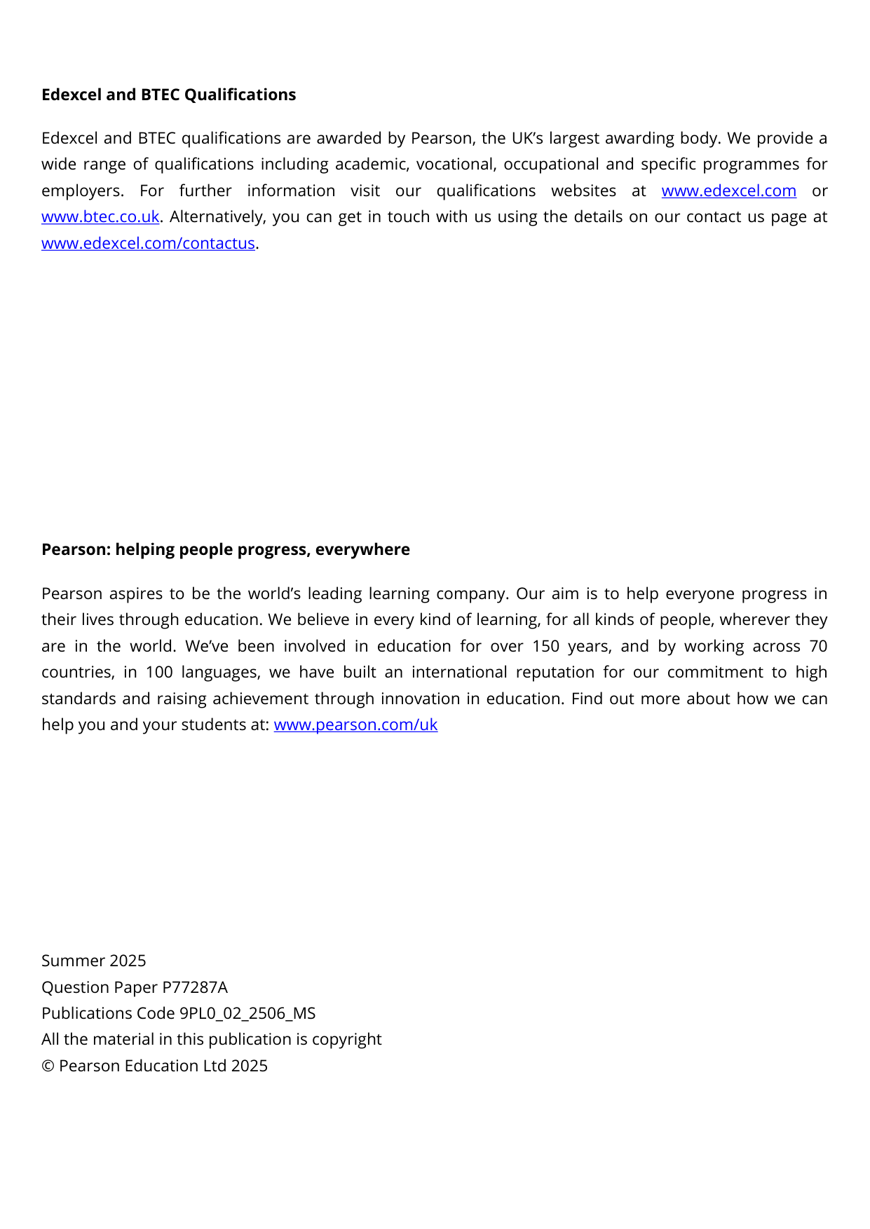 Pearson Edexcel A Level Politics 2025 Paper 2 Mark Scheme