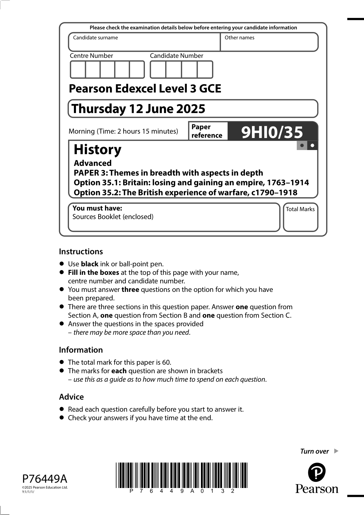 Pearson Edexcel A Level History Paper 35 2025 QP PDF