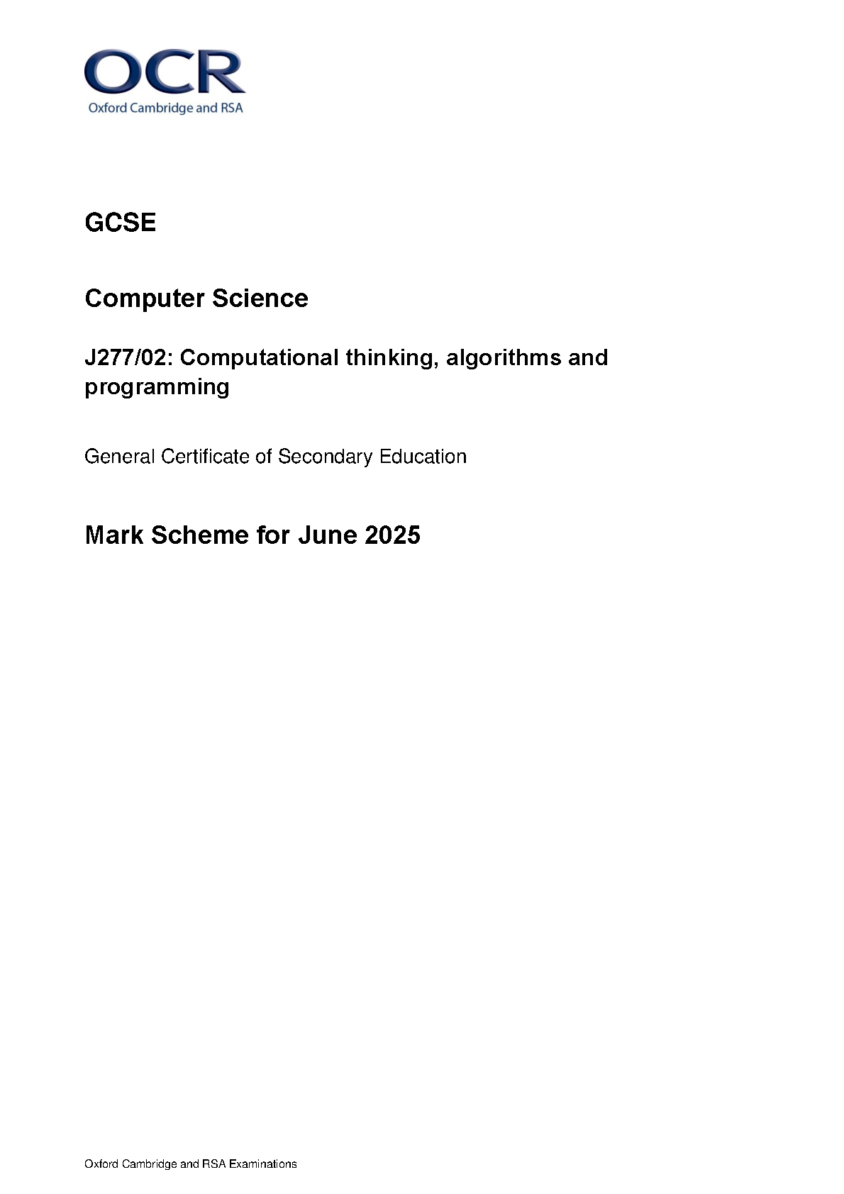 OCR GCSE Computer Science Paper 2 2025 Mark Scheme