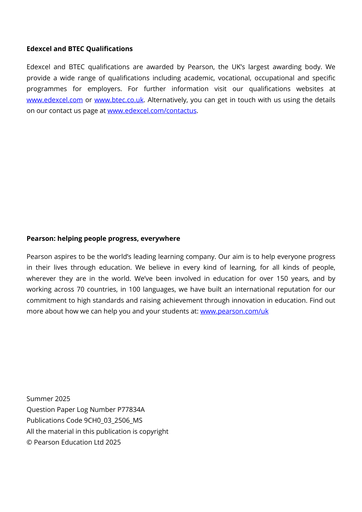 Pearson Edexcel A Level Chemistry Paper 3 2025 Mark scheme