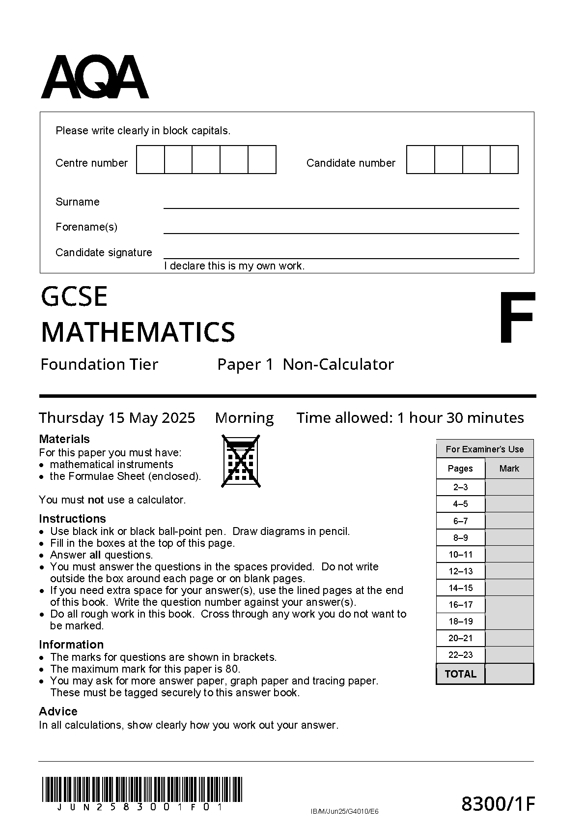 AQA GCSE Maths Paper 1 2025 Question Paper IMG-1