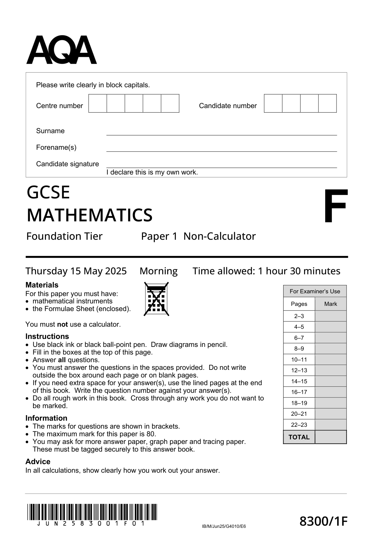 AQA GCSE Maths Paper 1 2025 Question Paper