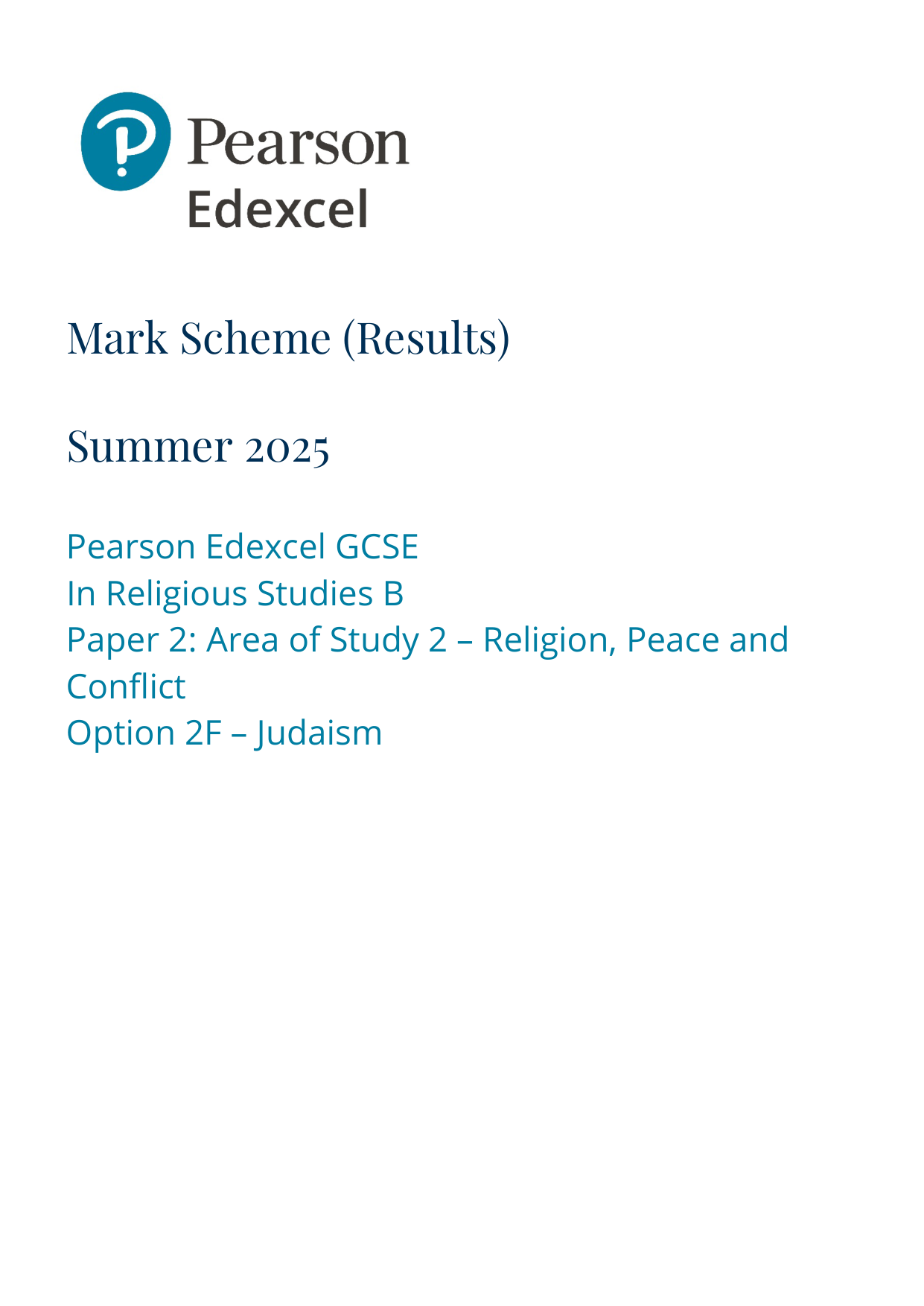 Pearson Edexcel GCSE Religious Studies B Paper 2F 2025 MS