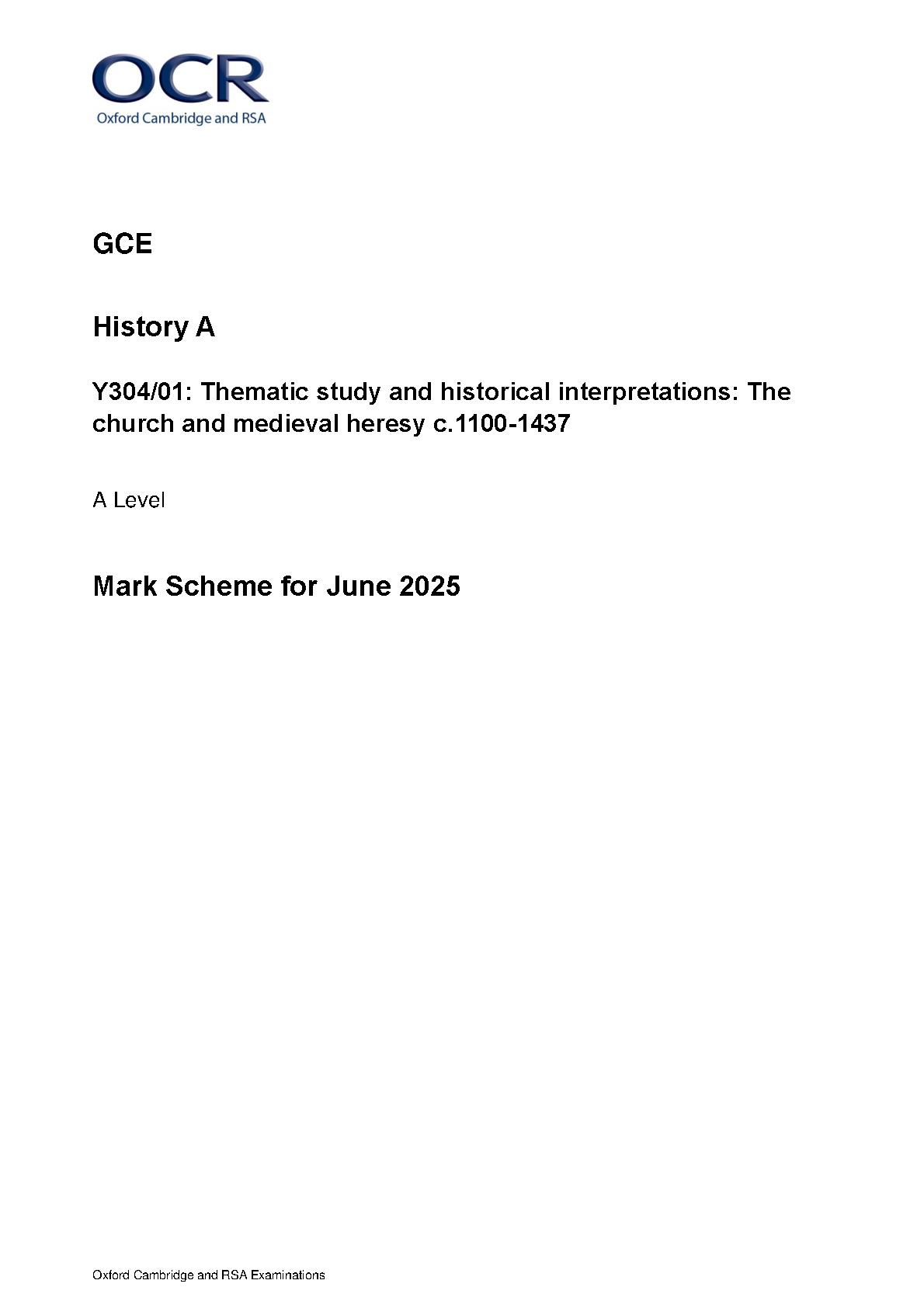 OCR A Level History A Church and Medieval Heresy 2025 Ms