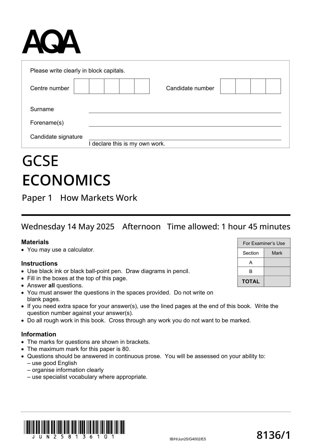 AQA GCSE Economics Paper 1 2025 QP PDF