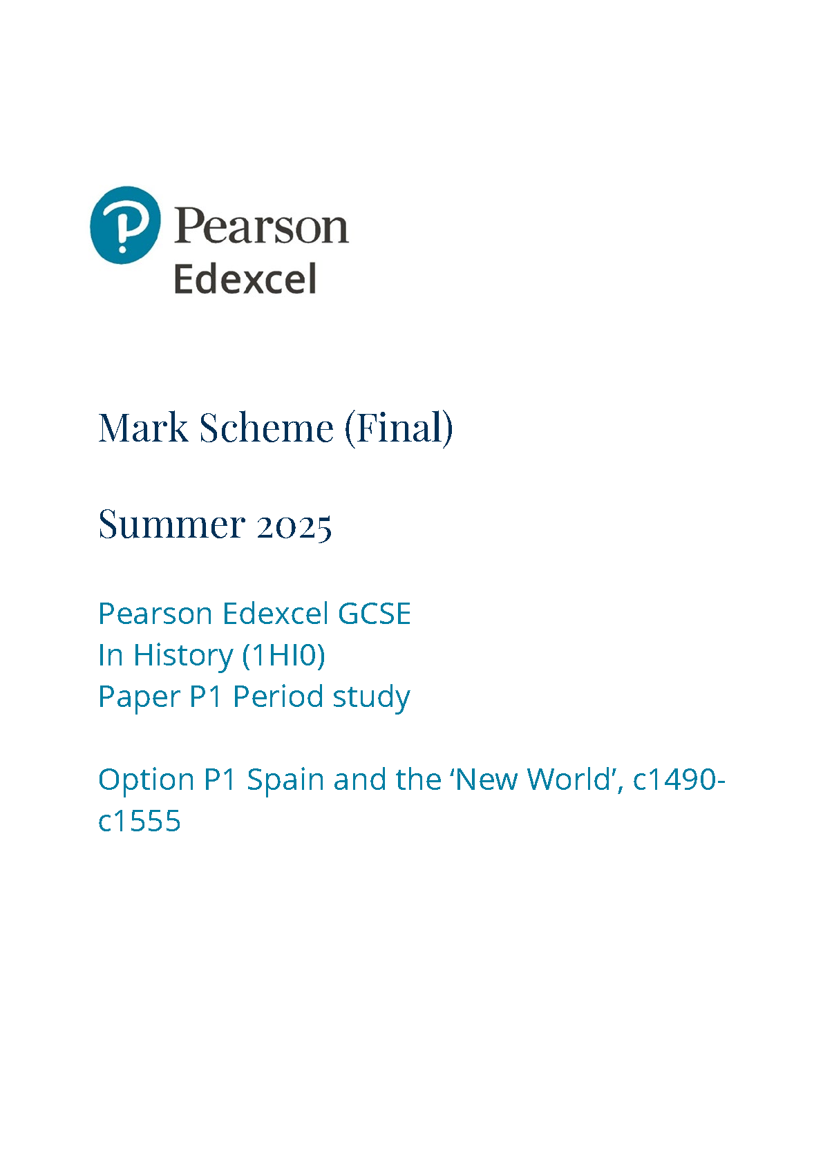 Pearson Edexcel GCSE History Paper P1 2025 Mark Scheme IMG-1