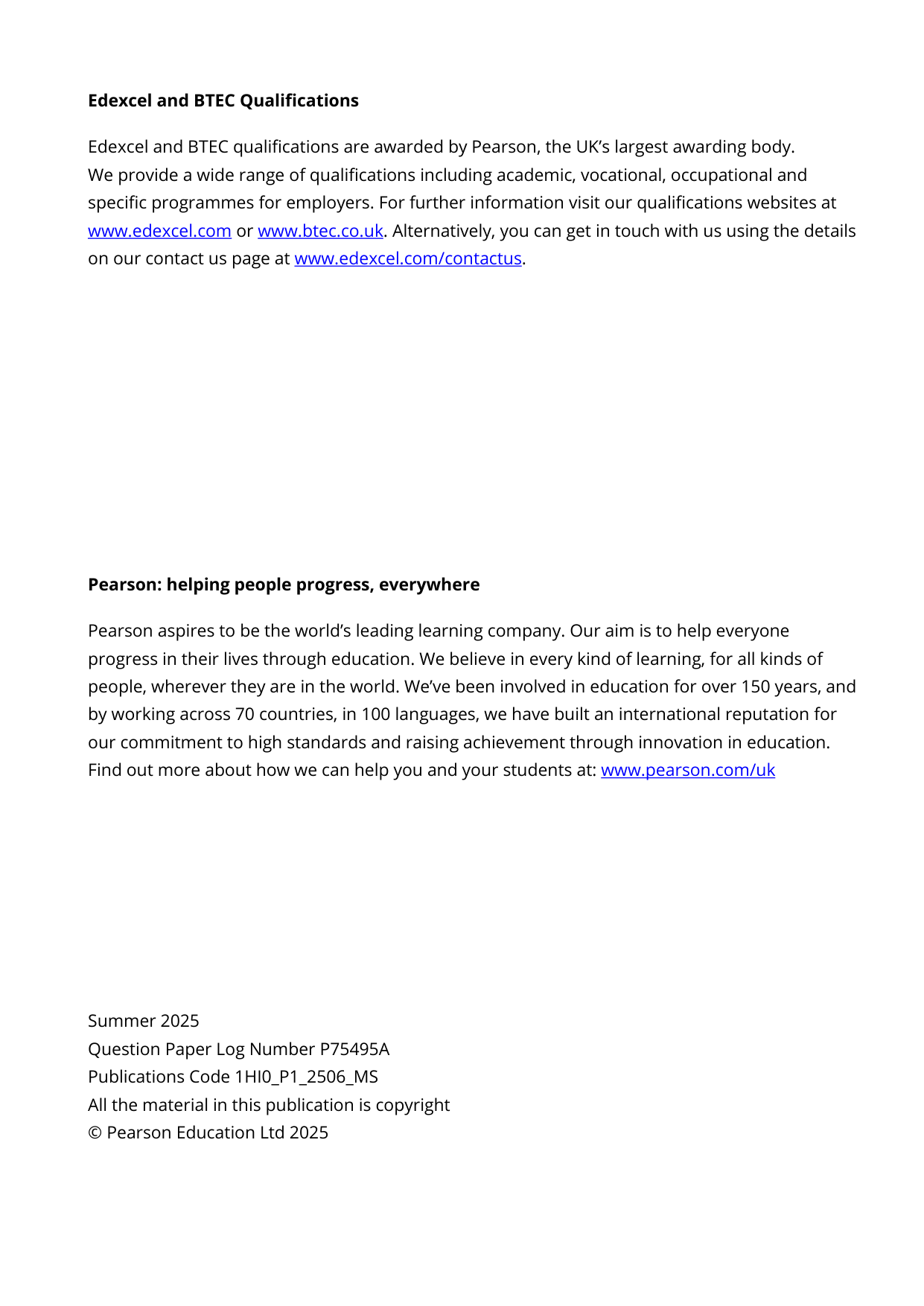 Pearson Edexcel GCSE History Paper P1 2025 Mark Scheme