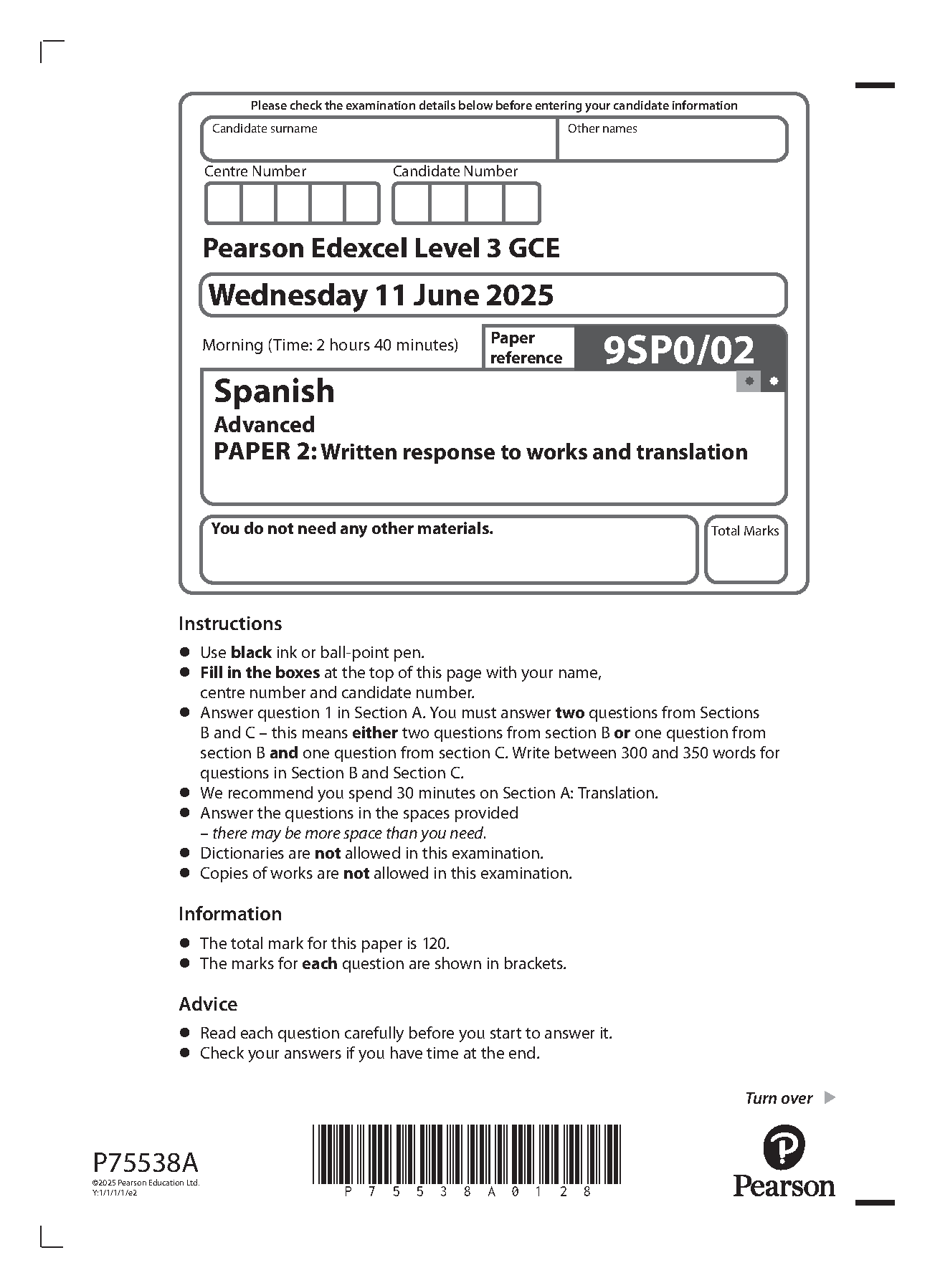 Pearson Edexcel A Level Spanish Paper 2 2025 Question Paper IMG-1