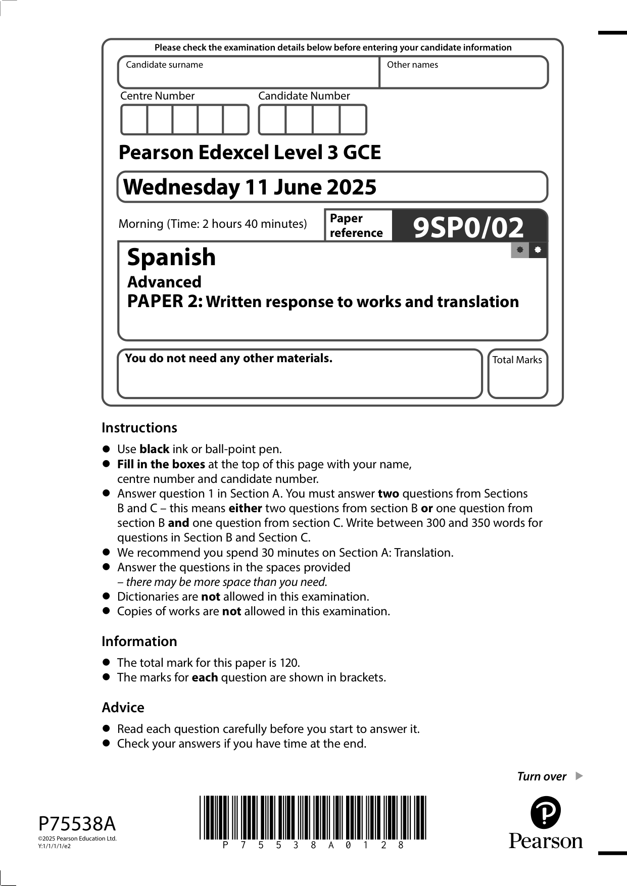 Pearson Edexcel A Level Spanish Paper 2 2025 Question Paper