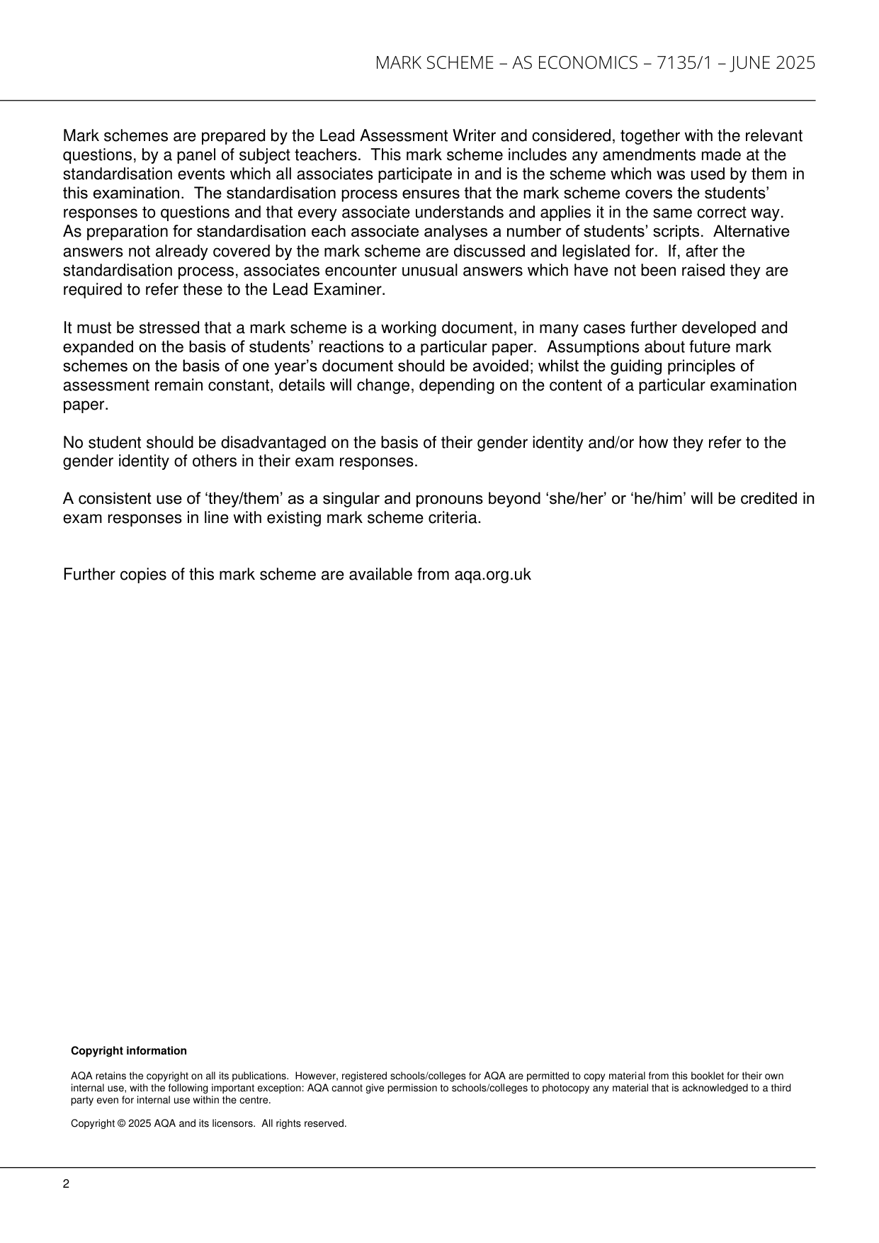 AQA AS Economics Paper 1 2025 Mark Scheme PDF