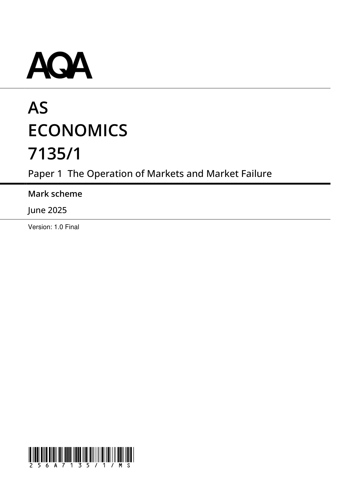 AQA AS Economics Paper 1 2025 Mark Scheme PDF