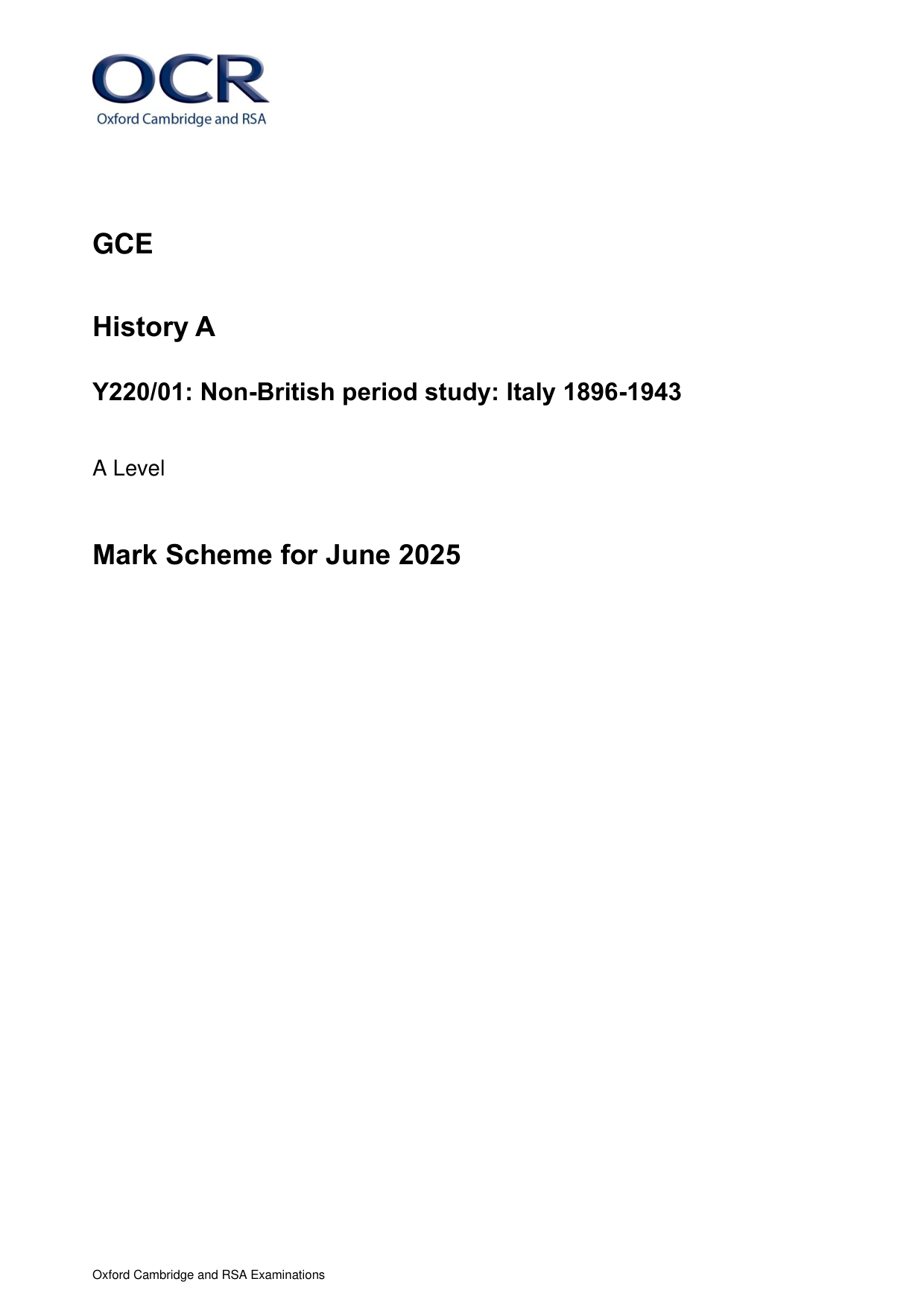 OCR A Level History A Italy 1896-1943 2025 Mark Scheme