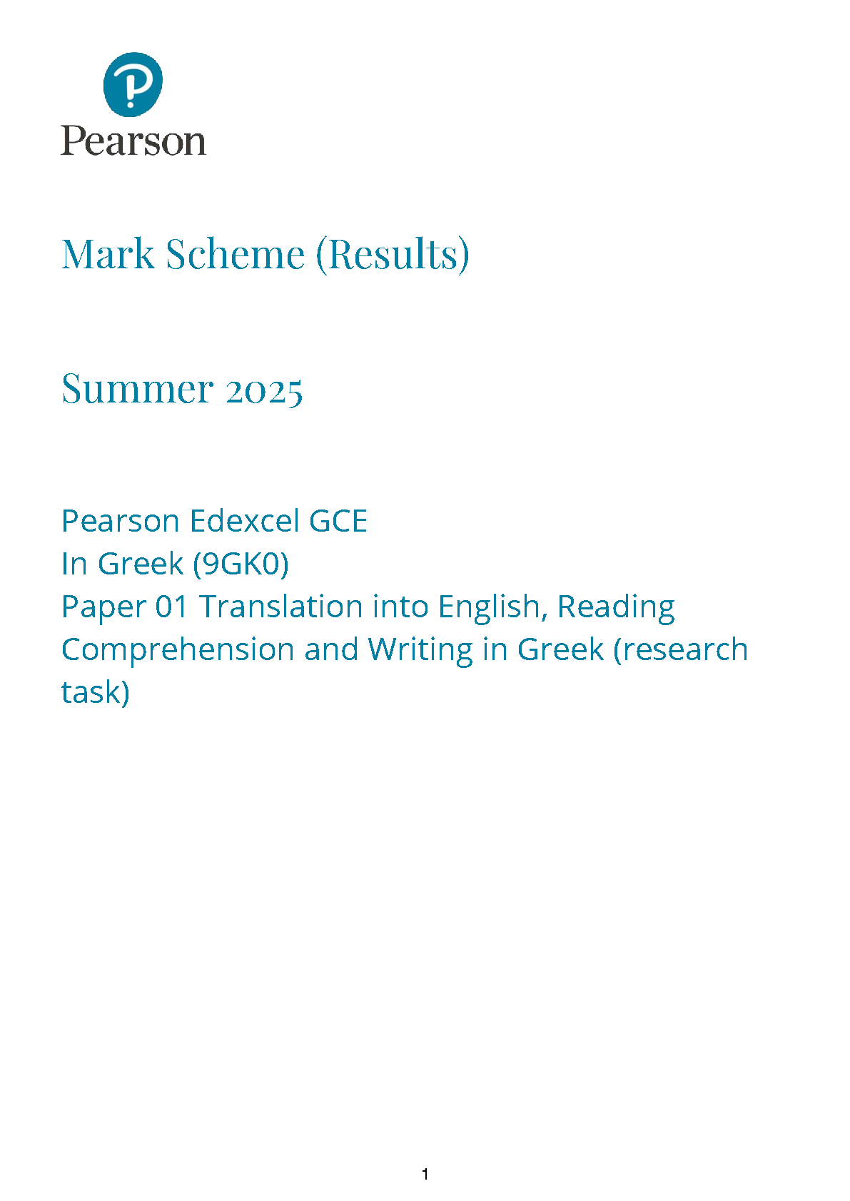 Pearson Edexcel A Level Greek Paper 1 2025 Mark Scheme IMG-1