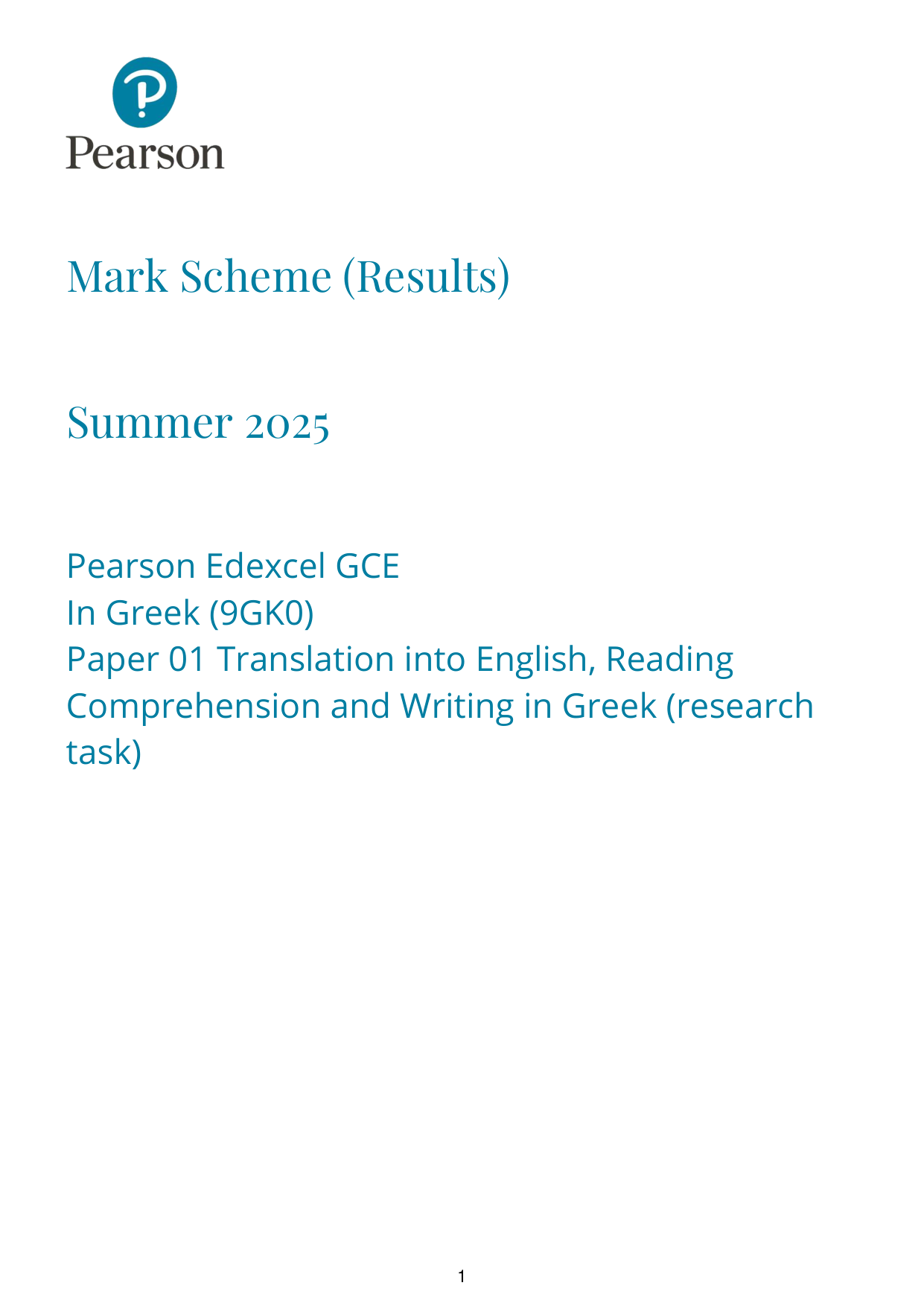 Pearson Edexcel A Level Greek Paper 1 2025 Mark Scheme