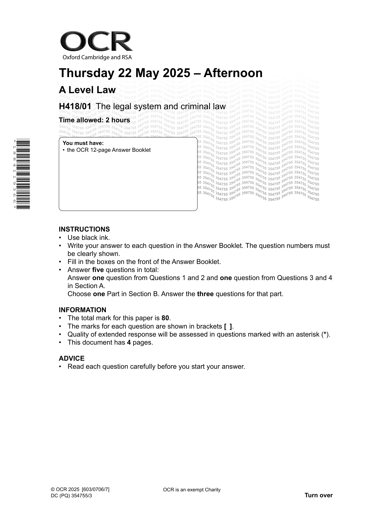 OCR AS Level Law Paper 2 2025 Question Paper, OCR H018/