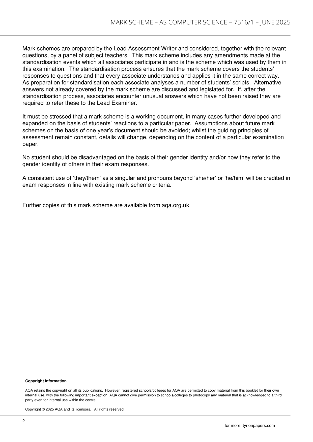 AQA AS Computer Science Paper 1 2025 Mark Scheme