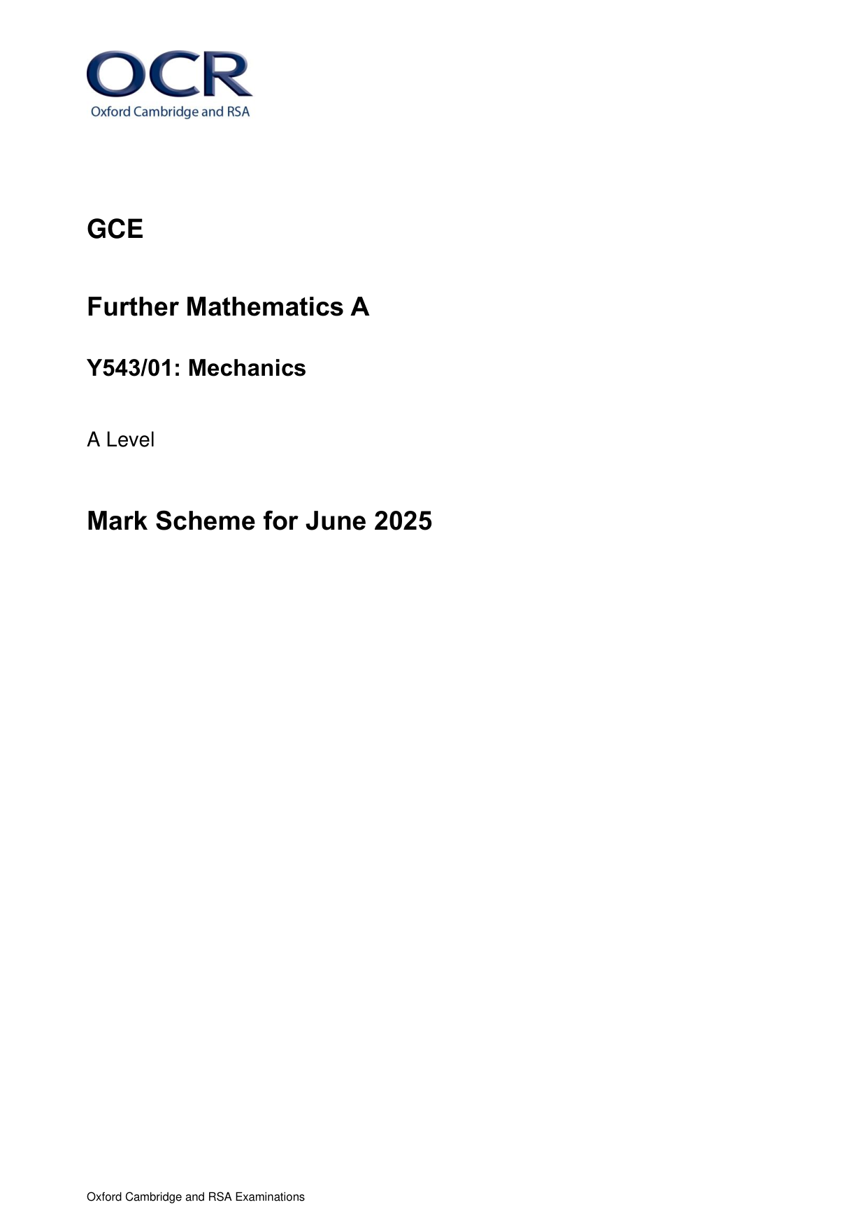 OCR A Level Further Mathematics A Mechanics Paper 1 2025 MS
