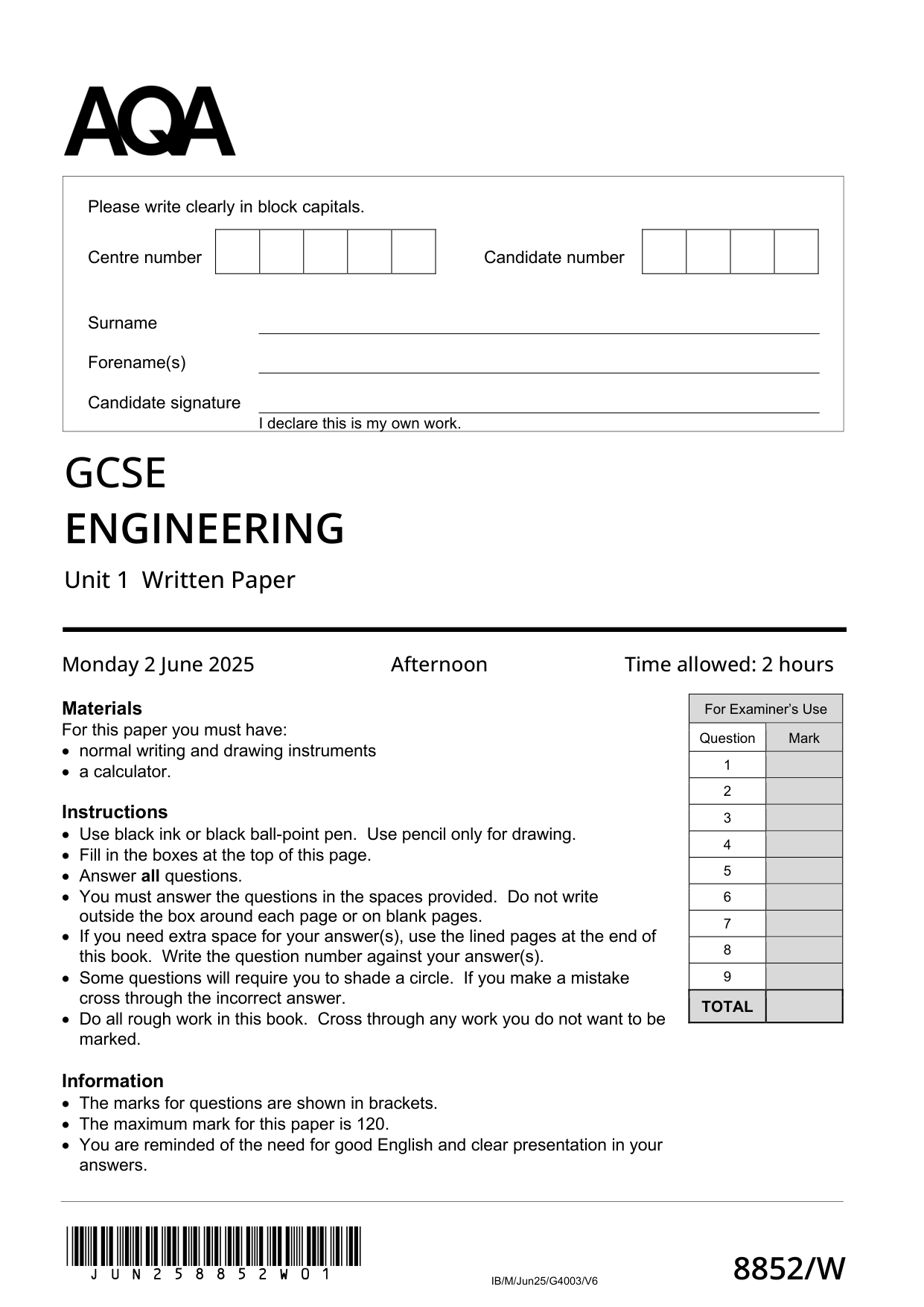AQA GCSE Engineering Unit 1 2025 QP PDF