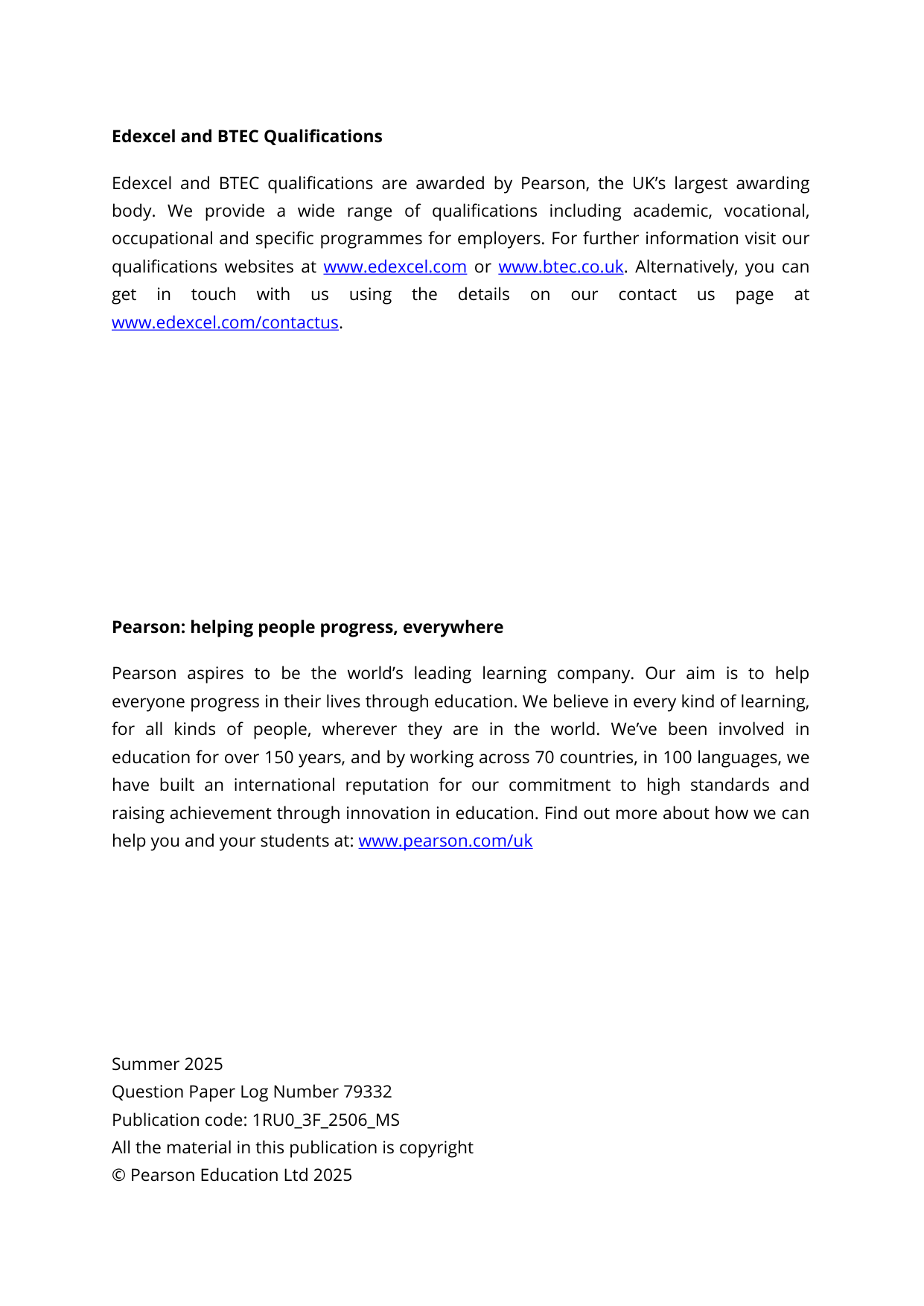 Pearson Edexcel GCSE Russian Paper 3F 2025 Mark Scheme