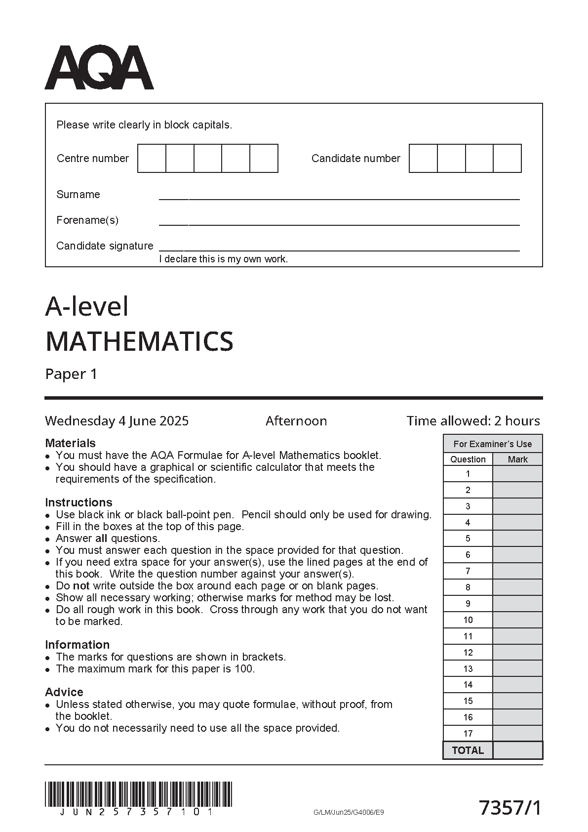 AQA A Level Mathematics Paper 1 2025 QP