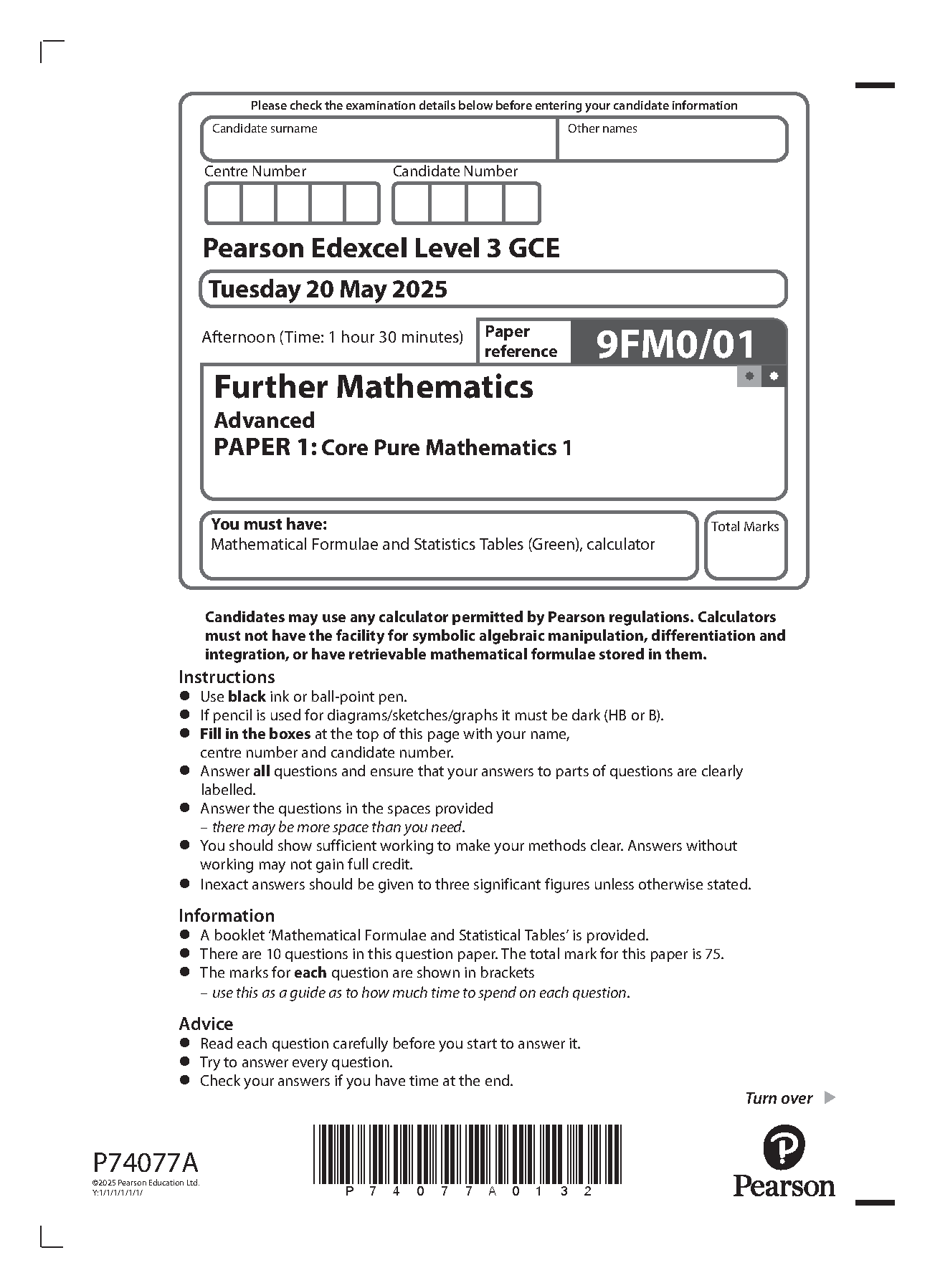 Pearson Edexcel A Level Further Mathematics Paper 1 2025 QP IMG-1