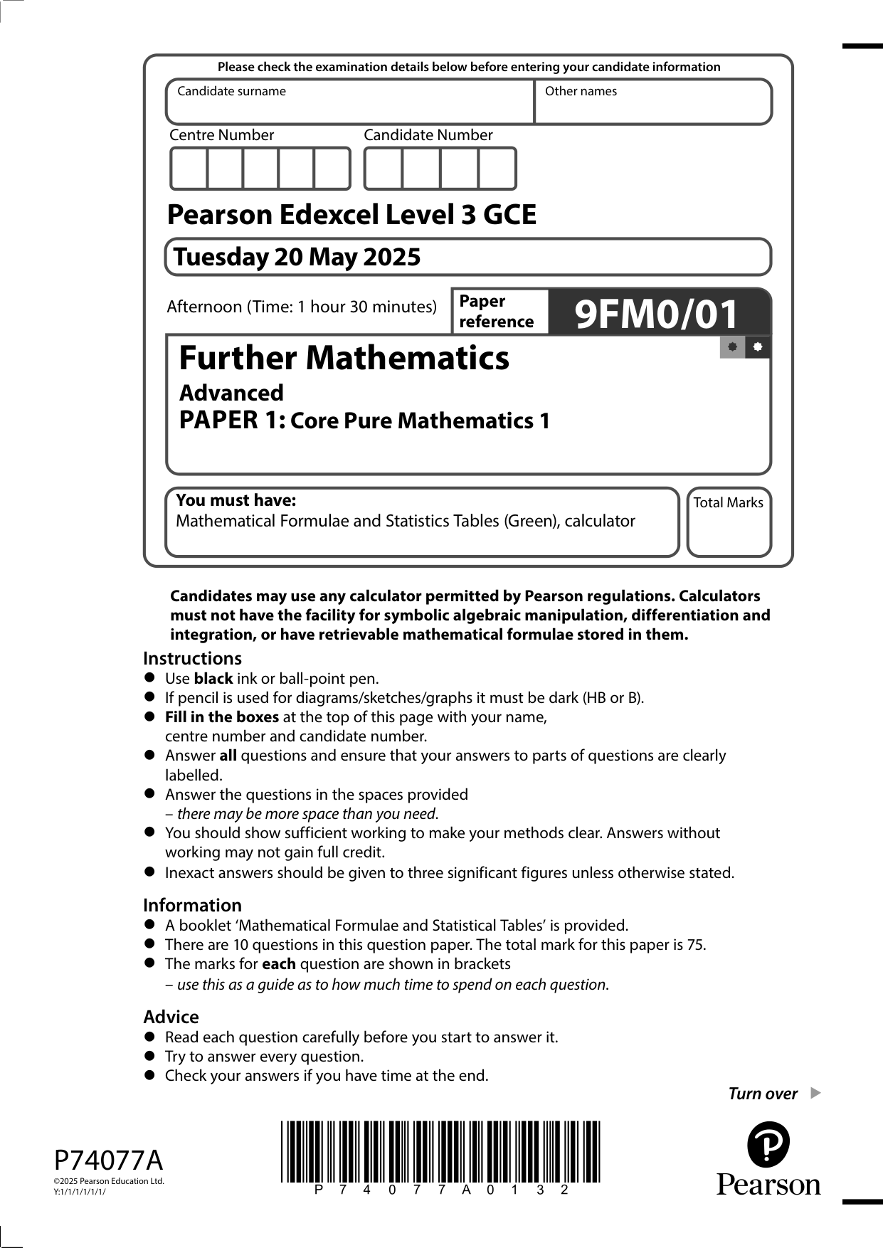 Pearson Edexcel A Level Further Mathematics Paper 1 2025 QP