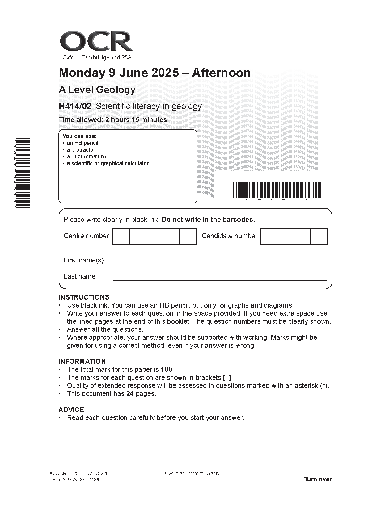 OCR A Level Geology Paper 2 2025 Question Paper
