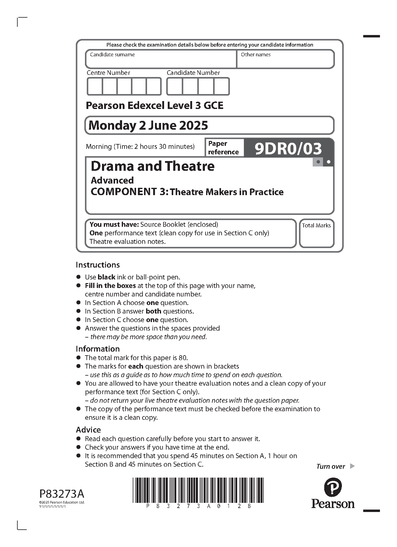 Pearson Edexcel A Level Drama and Theatre Paper 3 2025 QP IMG-1