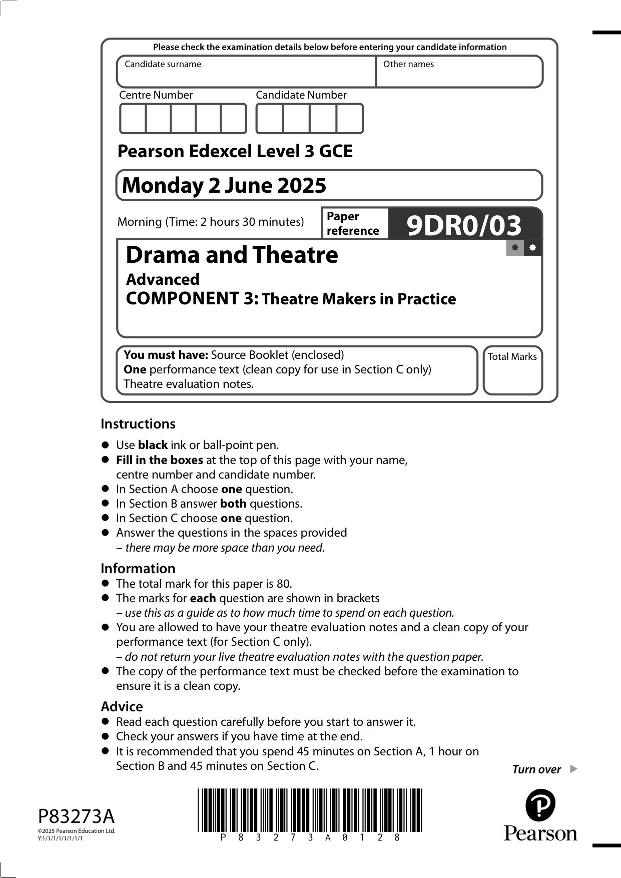 Pearson Edexcel A Level Drama and Theatre Paper 3 2025 QP