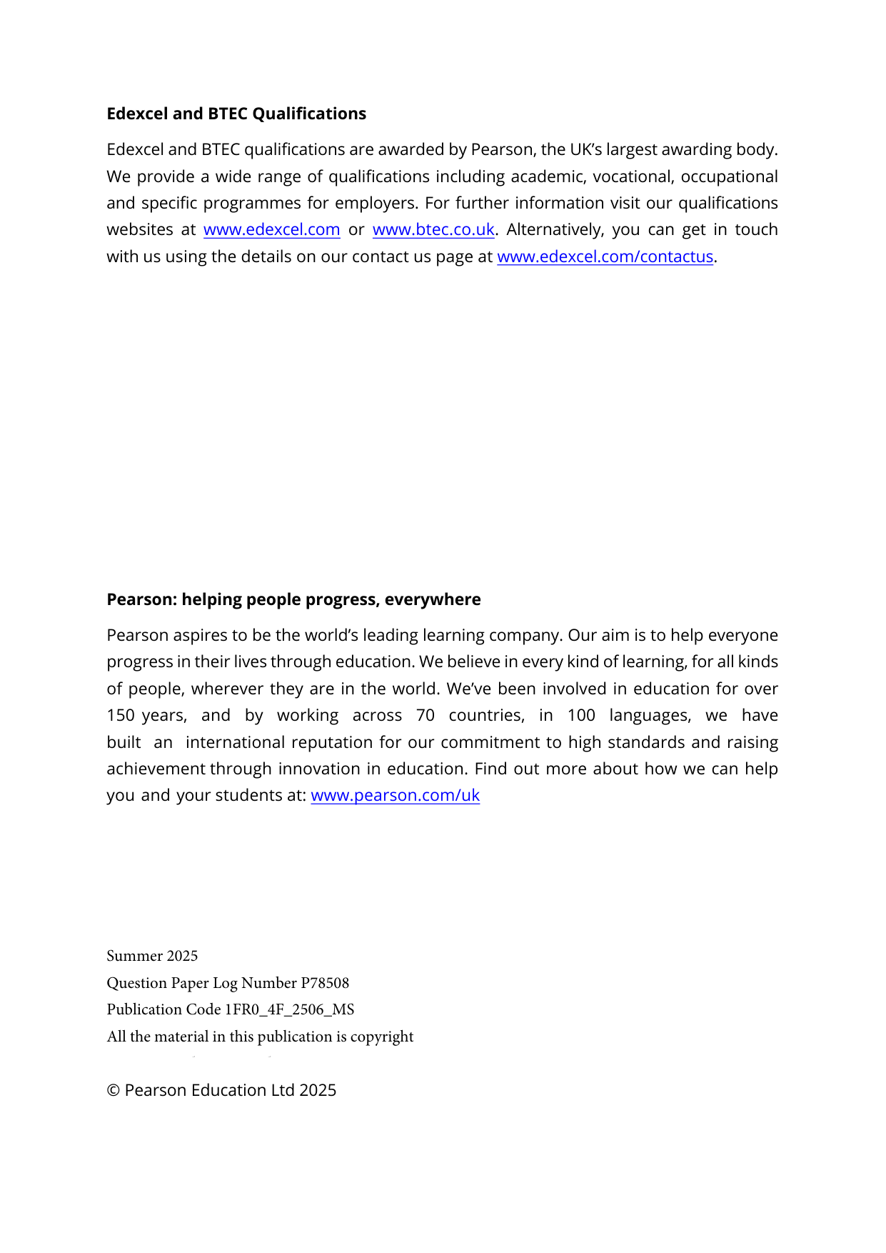 Pearson Edexcel GCSE French Paper 4f 2025 Mark Scheme PDF