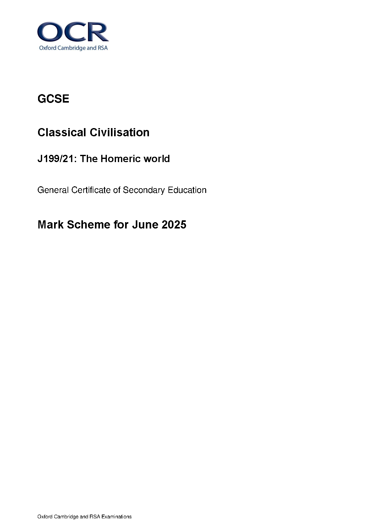 OCR GCSE Classical Civilisation Paper 21  2025 Mark Scheme