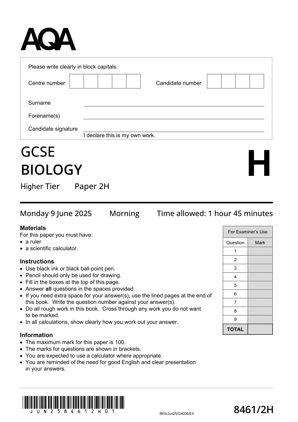 AQA GCSE Biology Paper 2 2025 Question Paper