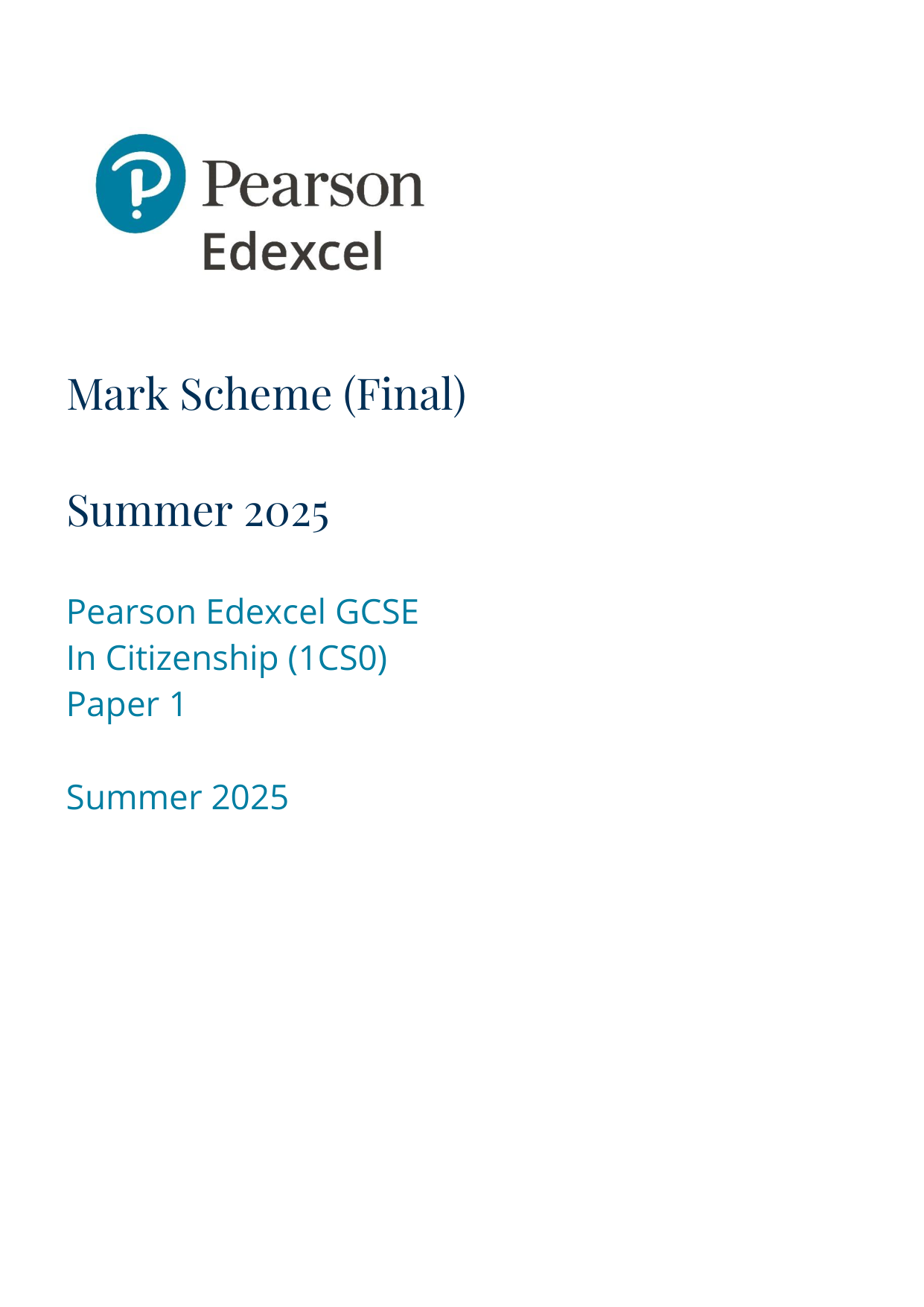 Pearson Edexcel GCSE Citizenship Paper 1 2025 Mark Scheme
