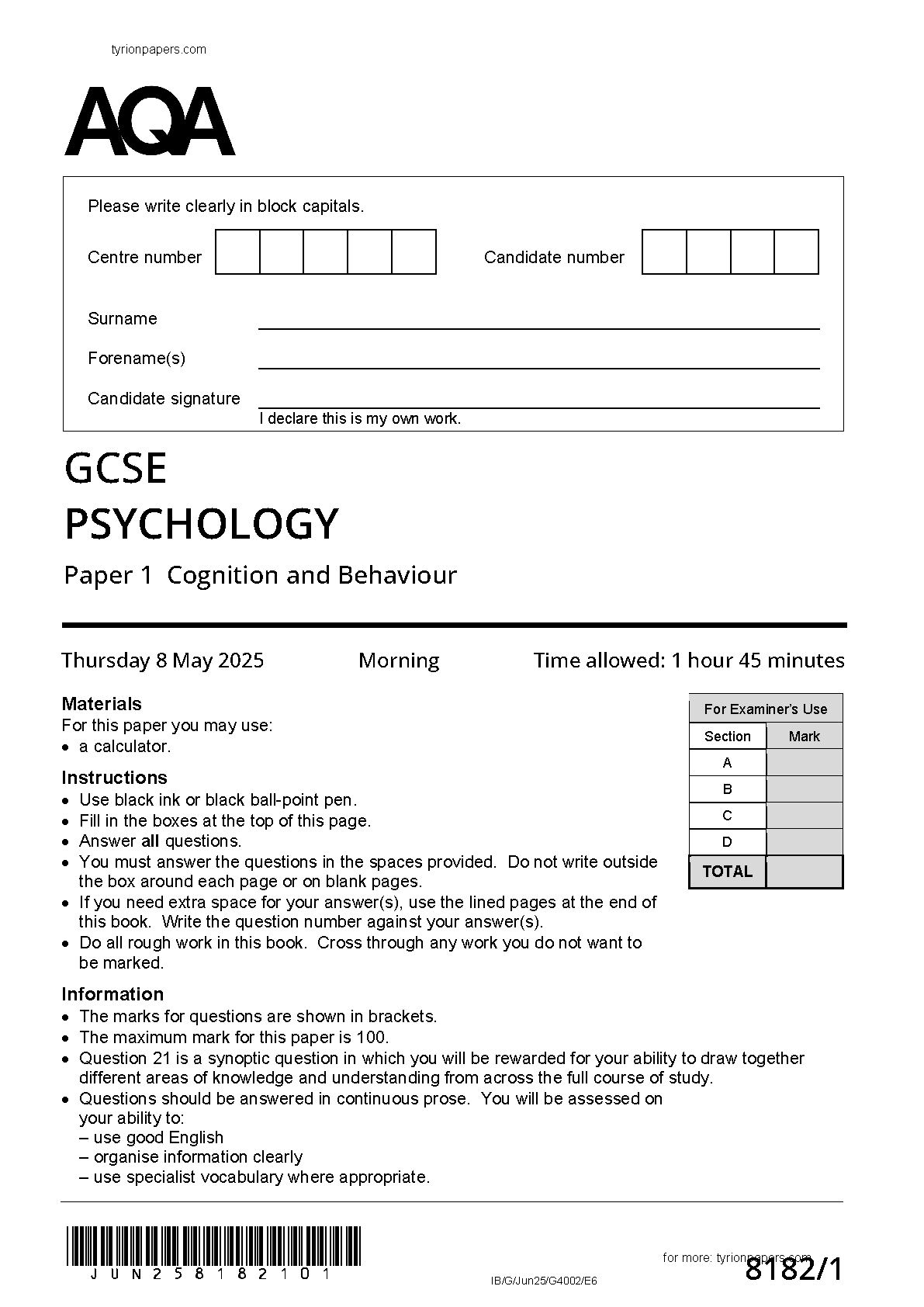 AQA GCSE Psychology Paper 1 2025 Question Paper IMG-1